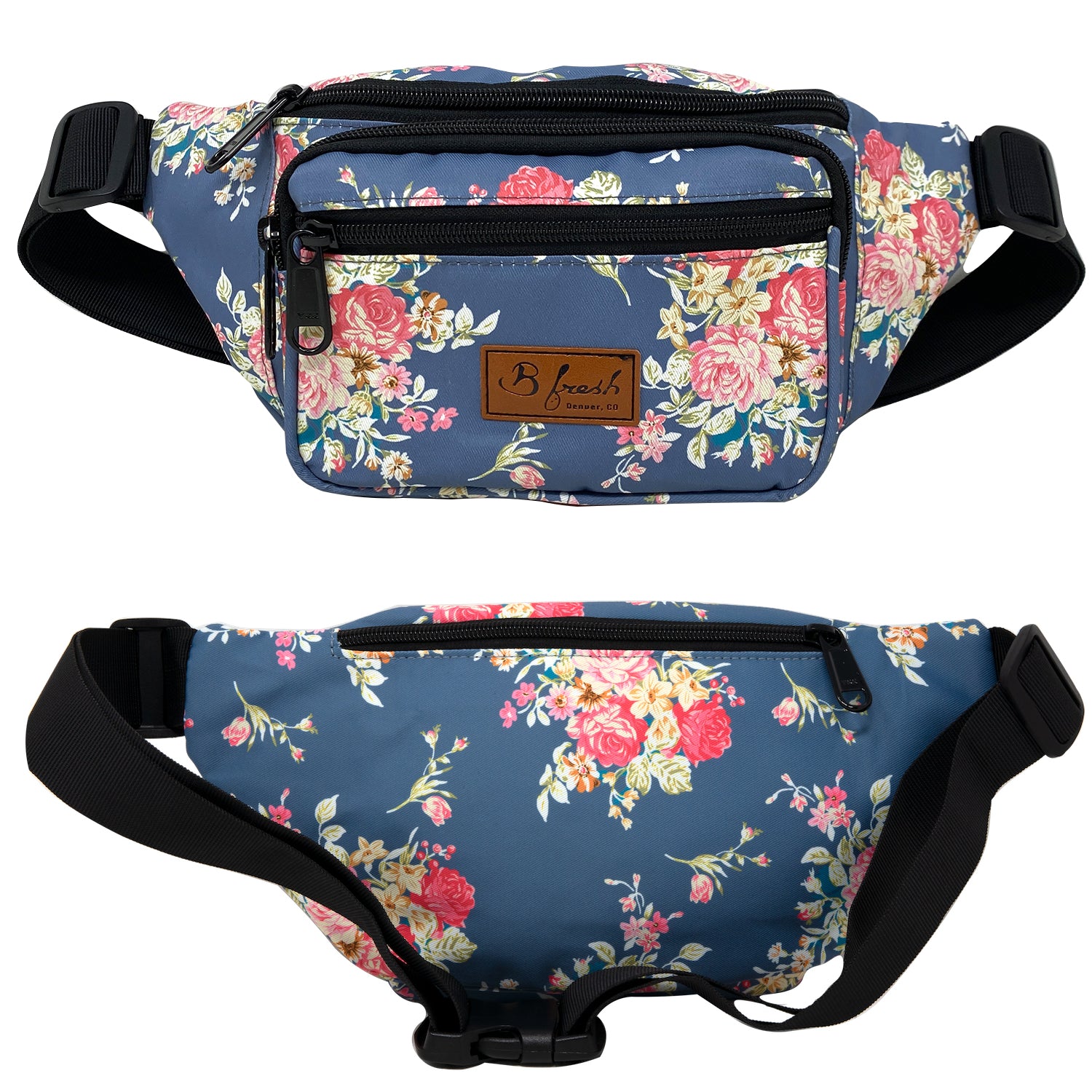 Grandmas Couch 80s Retro Fanny Pack.  Old school throwback vintage floral print blue pink white flower couch print fanny pack. B Fresh Gear