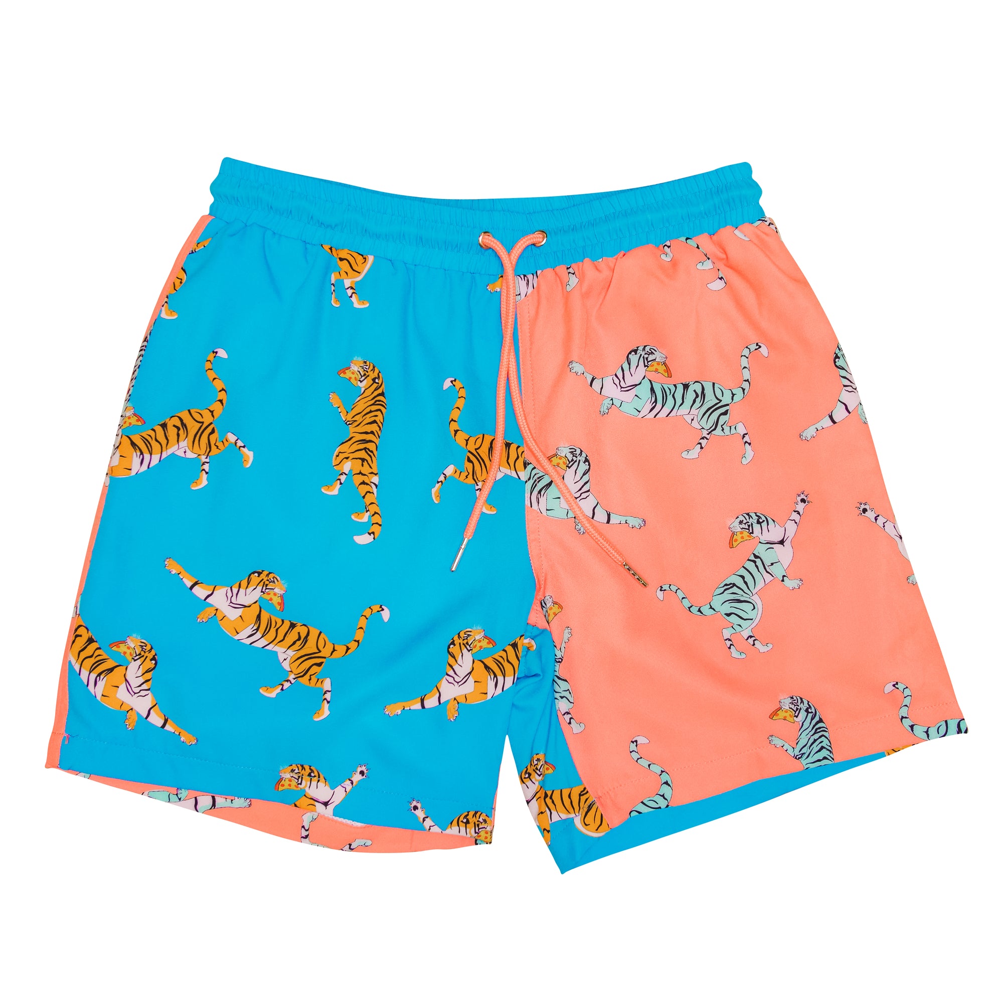 Pizza Tiger Retro Vintage Shorts Swim Trunks. Orange blue teal split pizza tiger design retro nostalgic beach swimwear. B fresh Gear