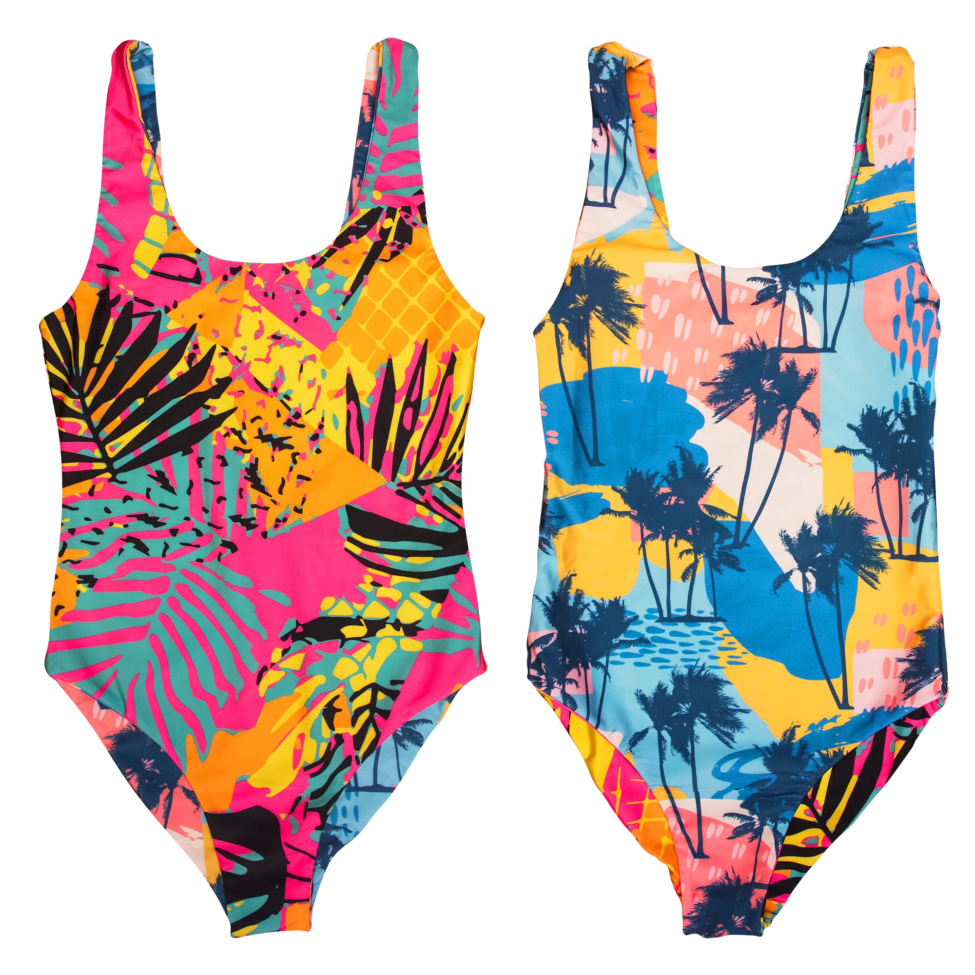 Summer Jam Beach Bum 80s retro Reversible Swimwear. Vintage colorful floral beach design pink yellow orange green blue palm tree tropical pattern. B Fresh Gear