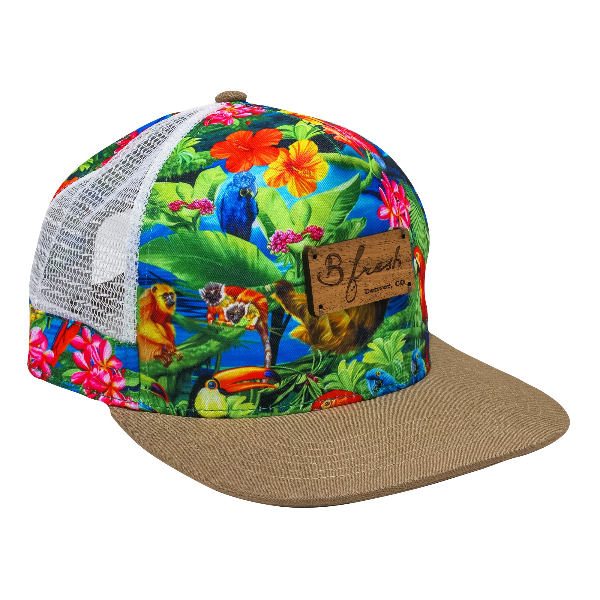 Sloth Tropical Hawaii Floral Trucker Mesh Flat Bill Hat. B Fresh Gear.