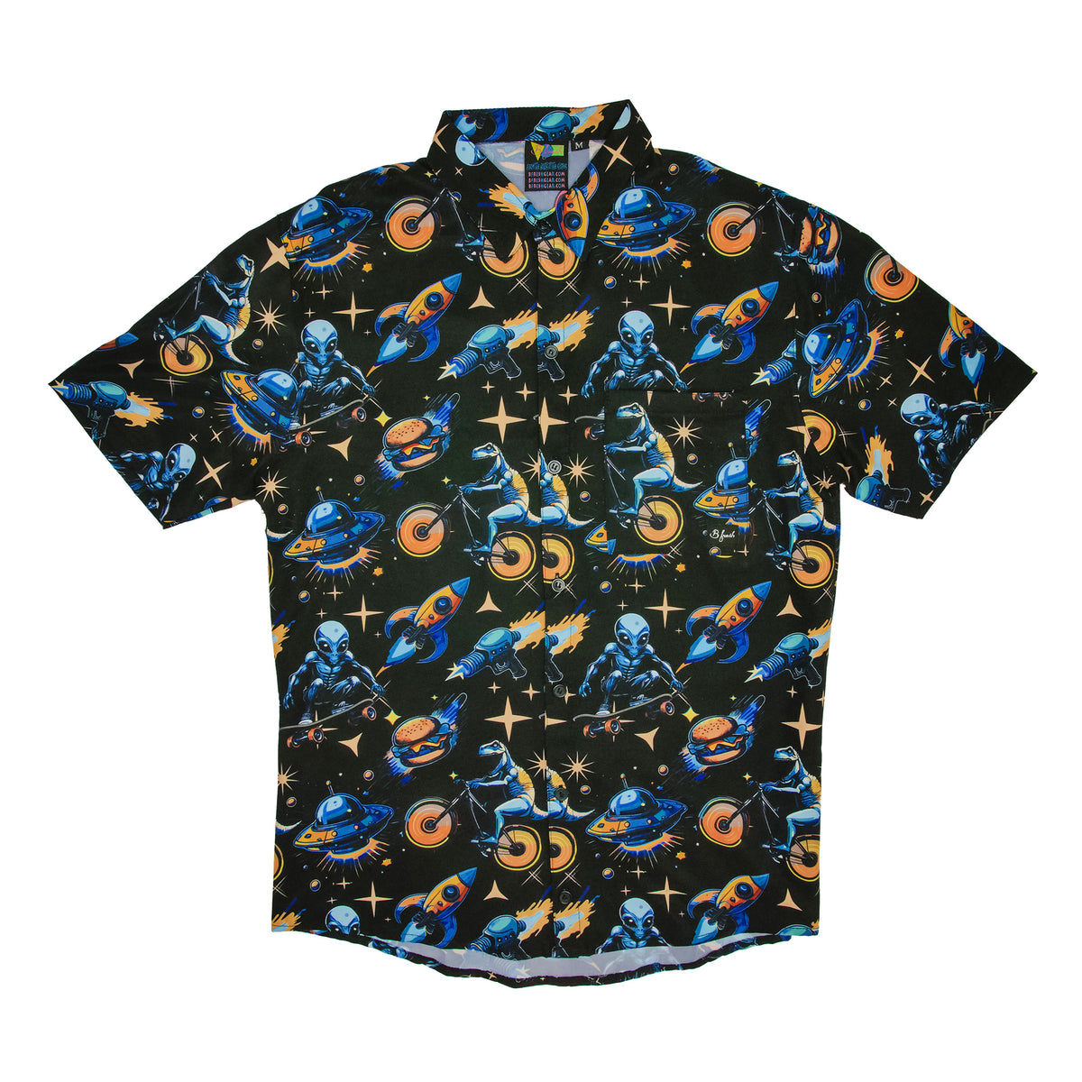 cheeseburger commet is rad! Alien pattern on shirt. 