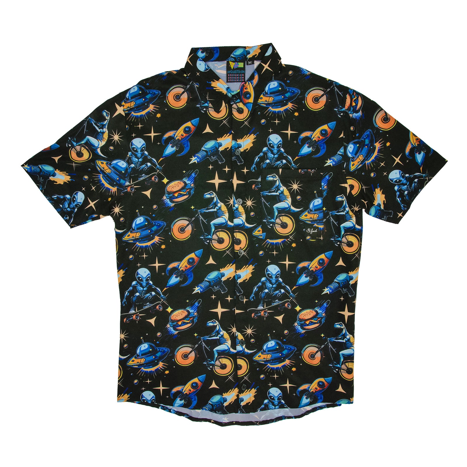 cheeseburger commet is rad! Alien pattern on shirt. 