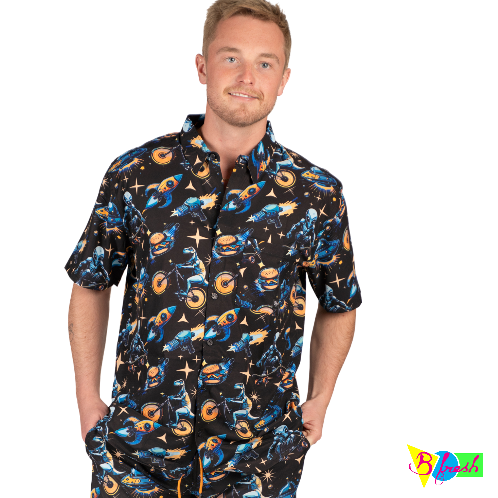 cheeseburger commet is rad! Alien pattern on shirt. 