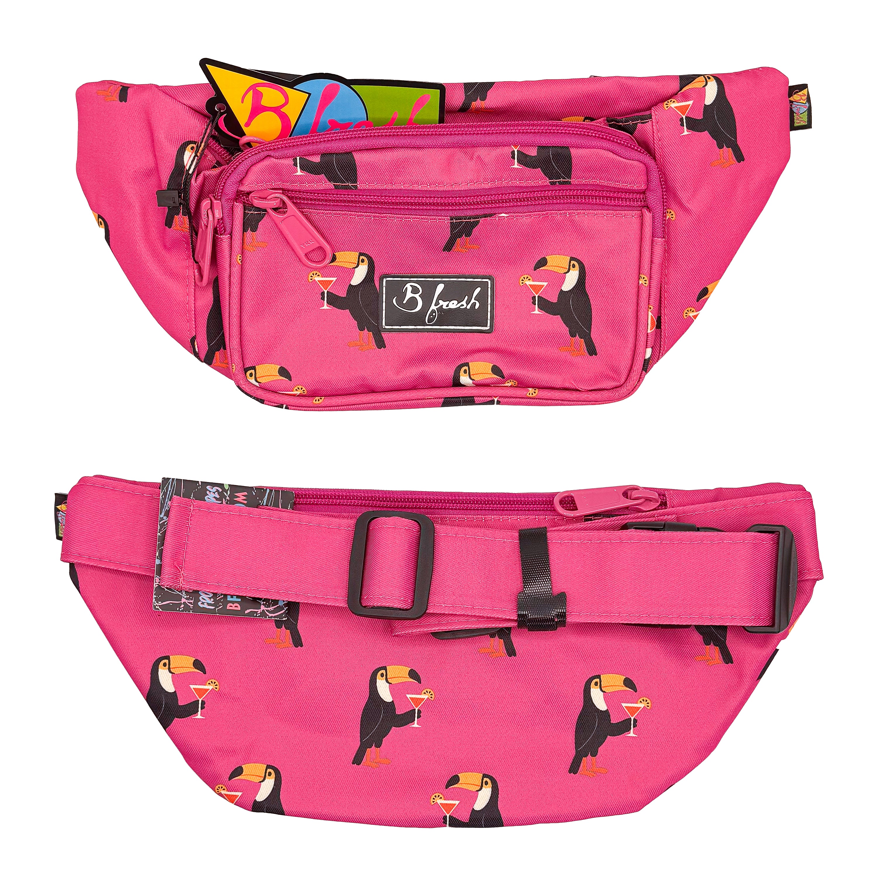 Pink waist bag with toucan pattern and B Fresh logo 