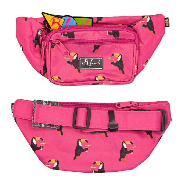 Pink waist bag with toucan pattern and B Fresh logo 