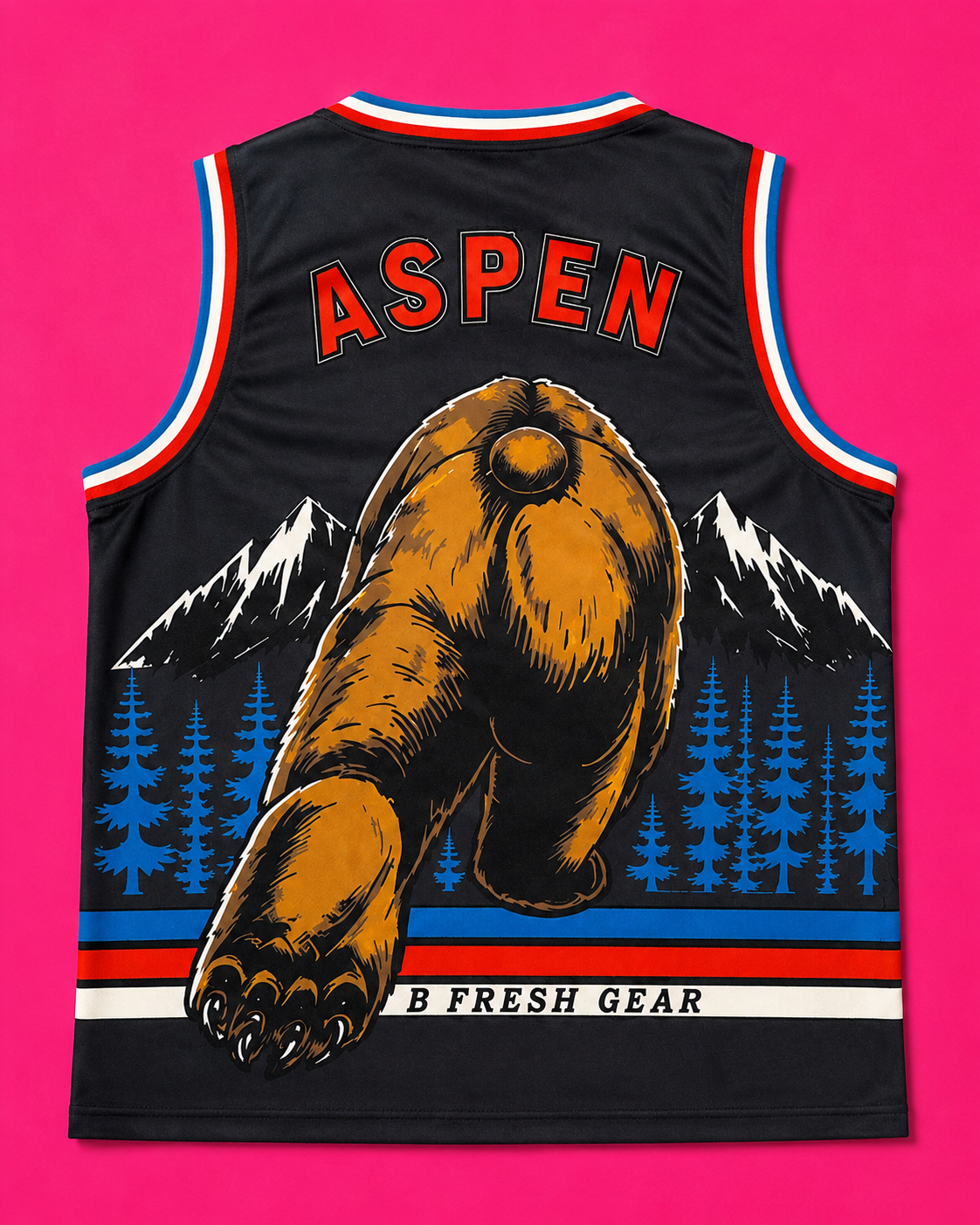 Black basketball jersey with a large graphic of a bear's rear and paw, blue pine trees, and white mountains. The word 'ASPEN' is printed in red across the shoulders, and 'B FRESH GEAR' is printed near the hem.