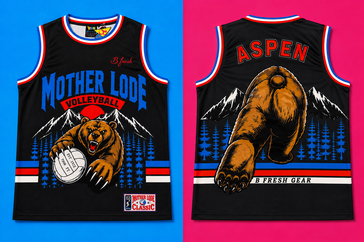 Front and back views of a black sleeveless basketball-style jersey with colorful graphics. The front reads "MOTHER LODE VOLLEYBALL" with a bear holding a volleyball and mountain/pine illustrations.