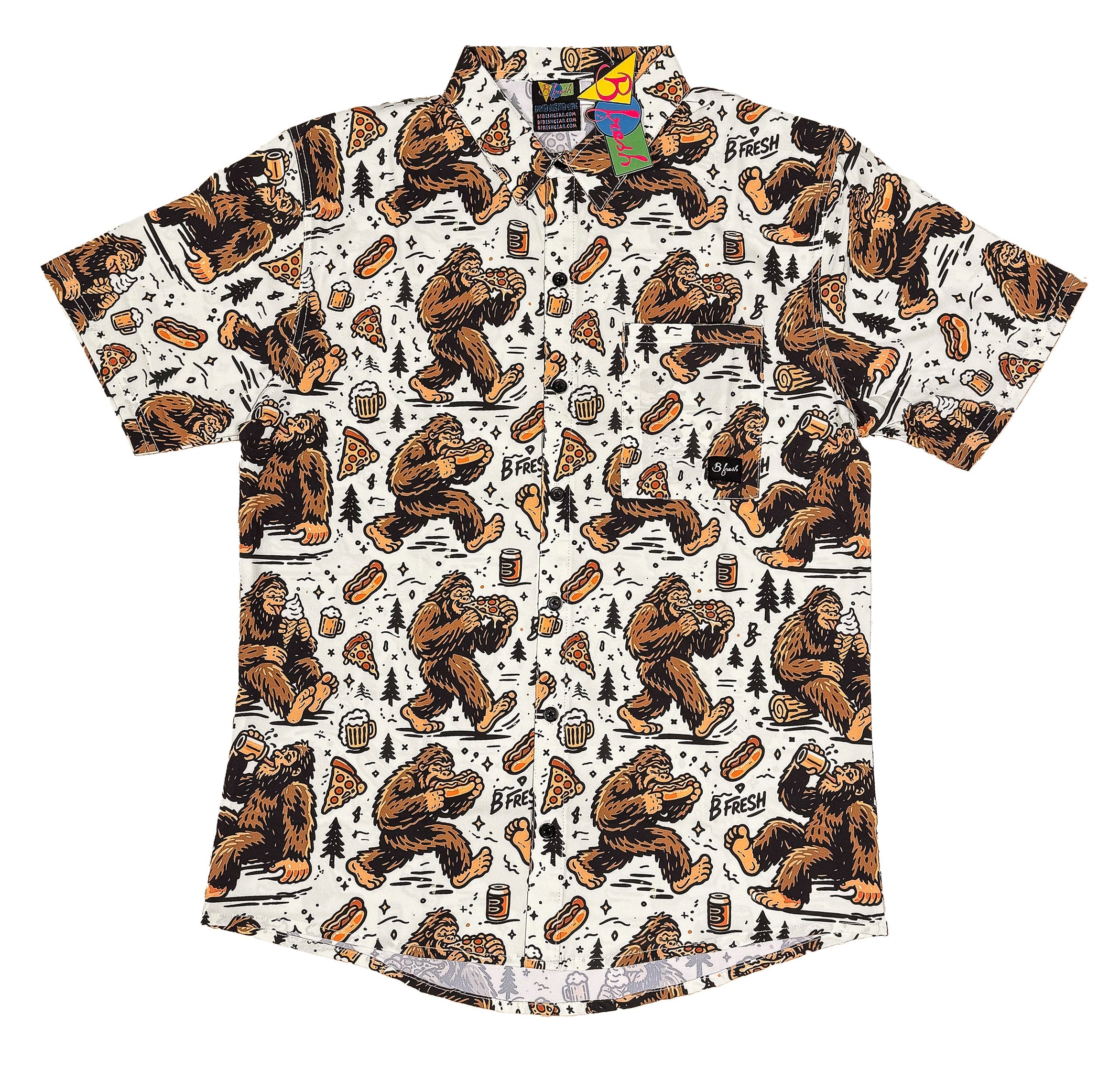 big foot eating hotdogs, beer, pizza collared shirt