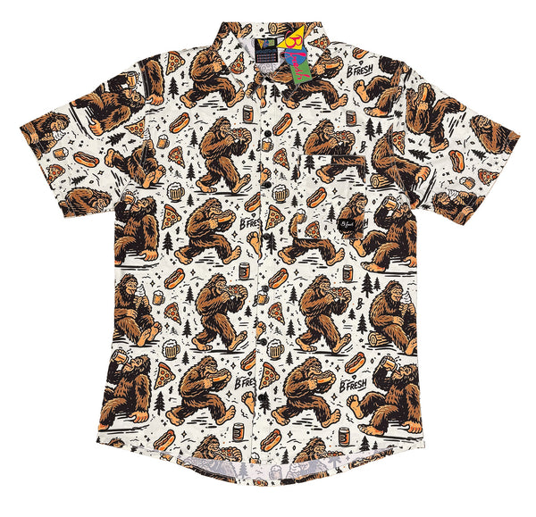big foot eating hotdogs, beer, pizza collared shirt