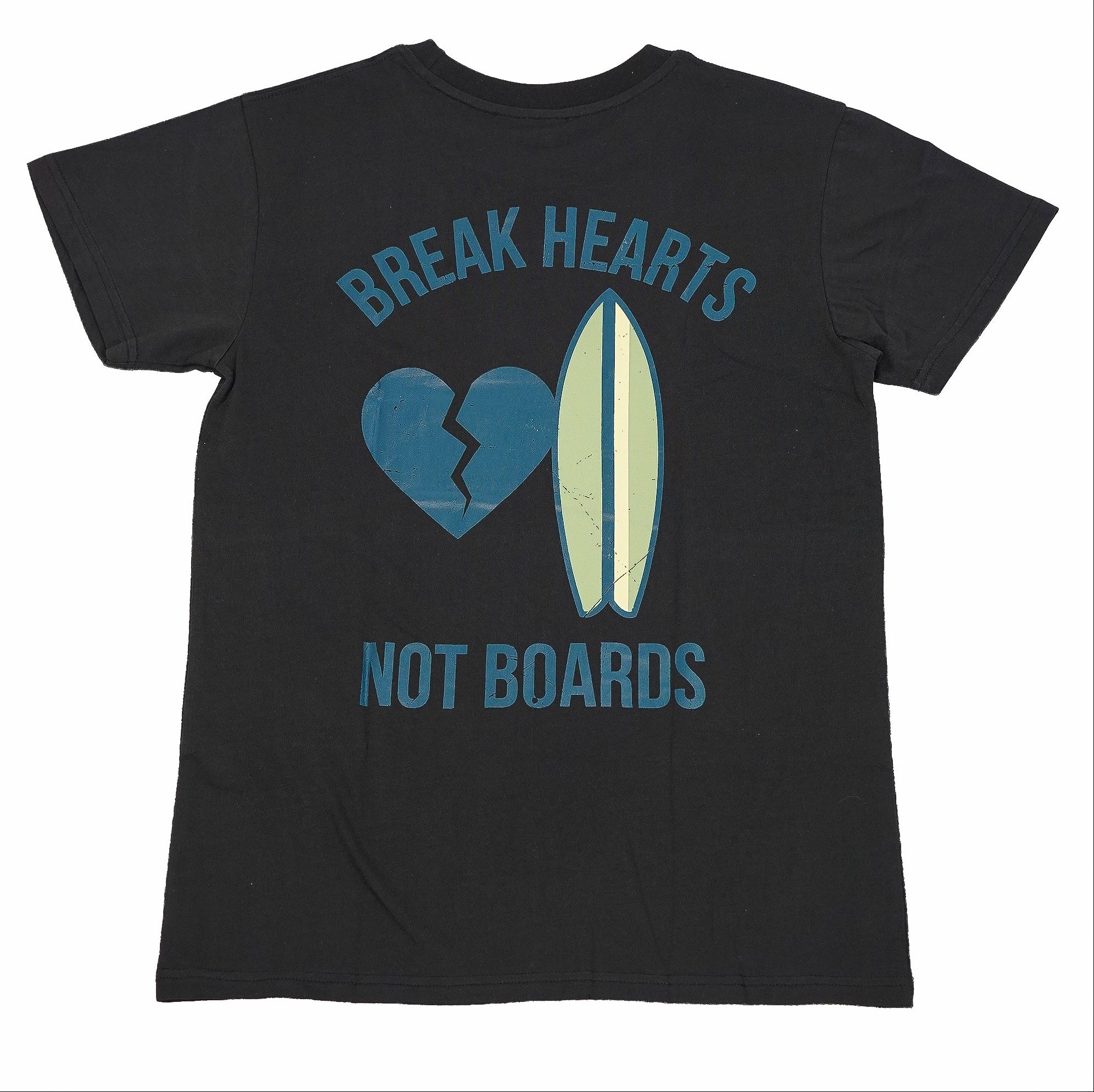 Black t-shirt with a graphic of a broken heart and surfboard with text 'Break Hearts Not Boards' 