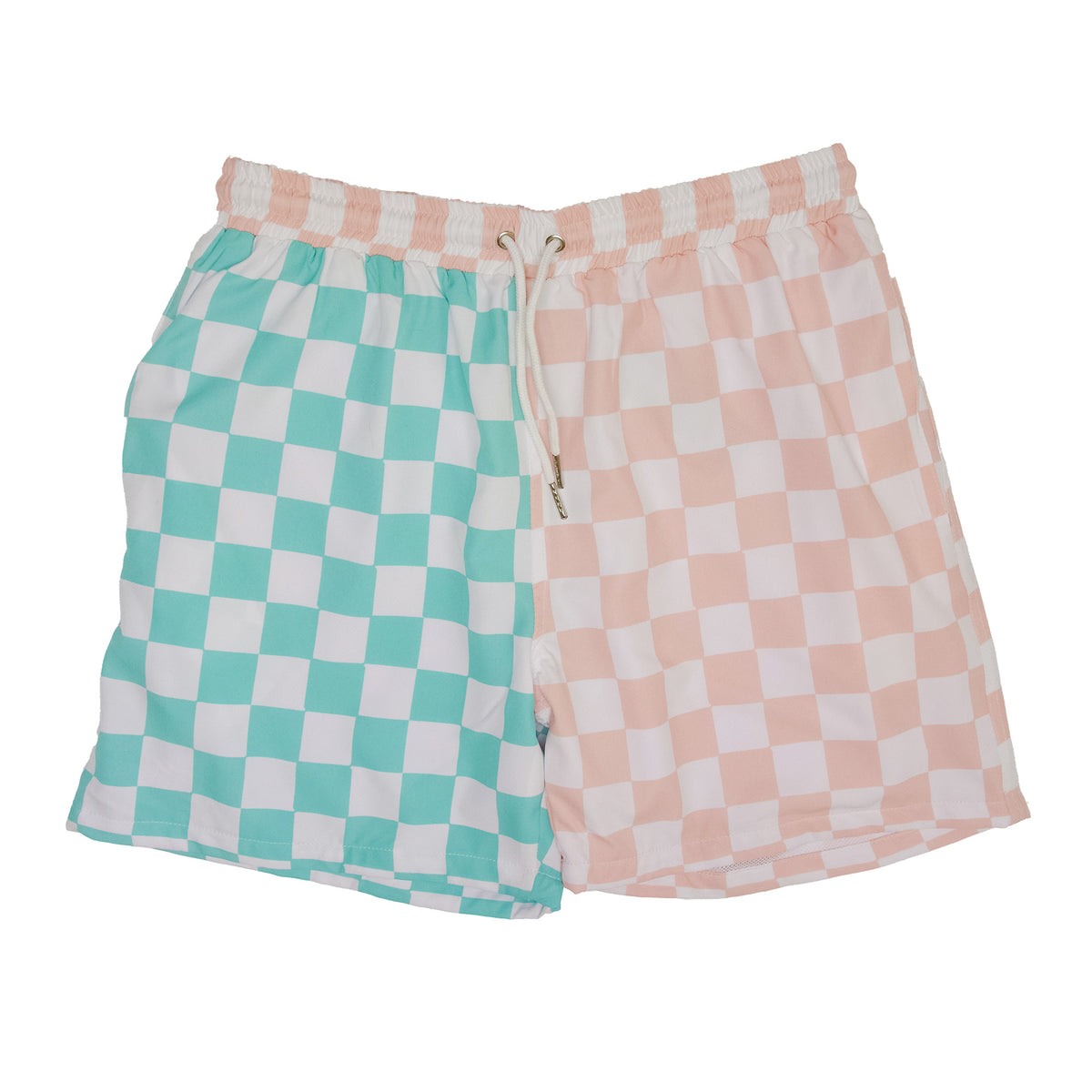 pink and blue checker board swim shorts