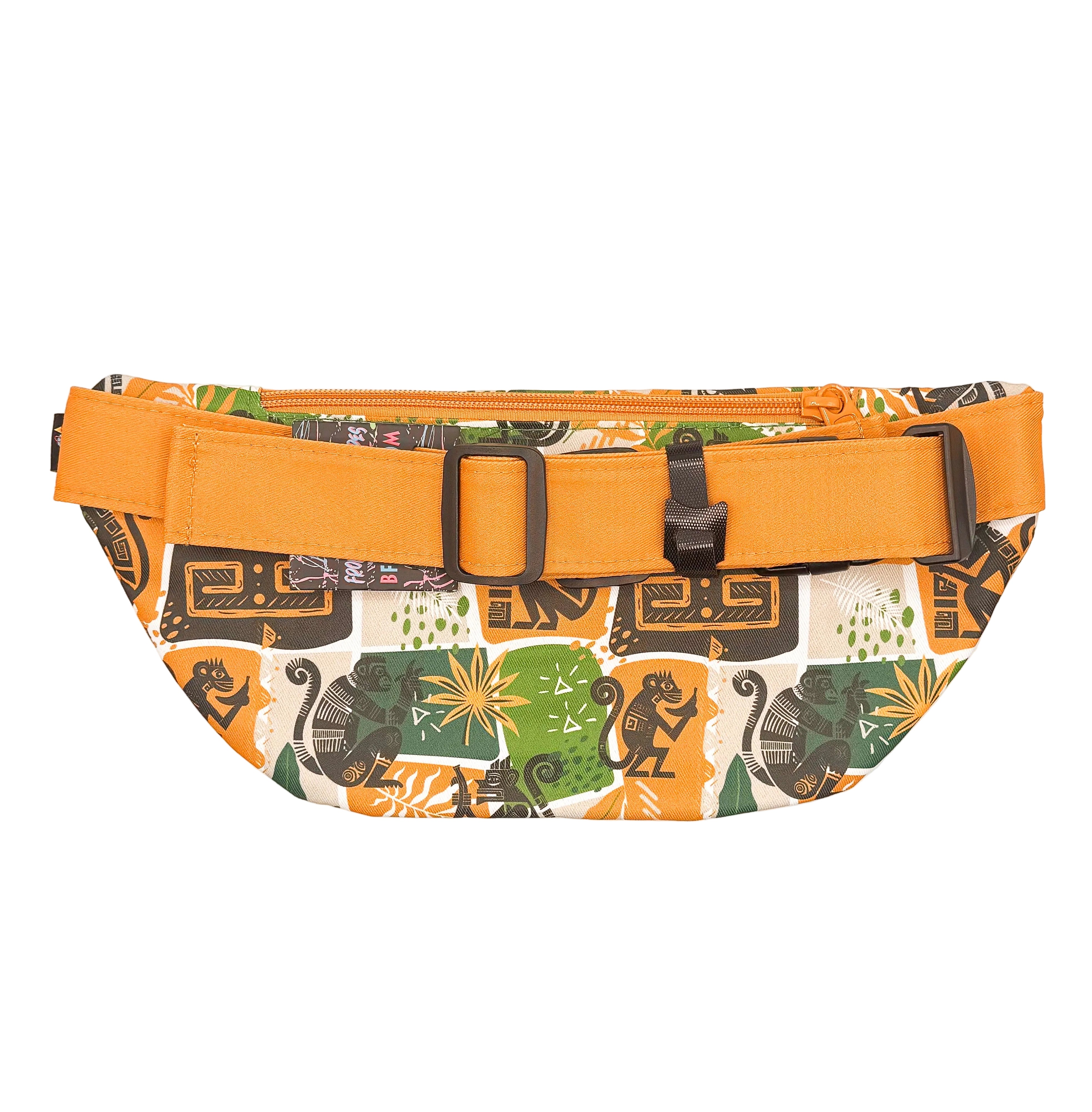 Fanny pack with orange strap and colorful 90s pattern 