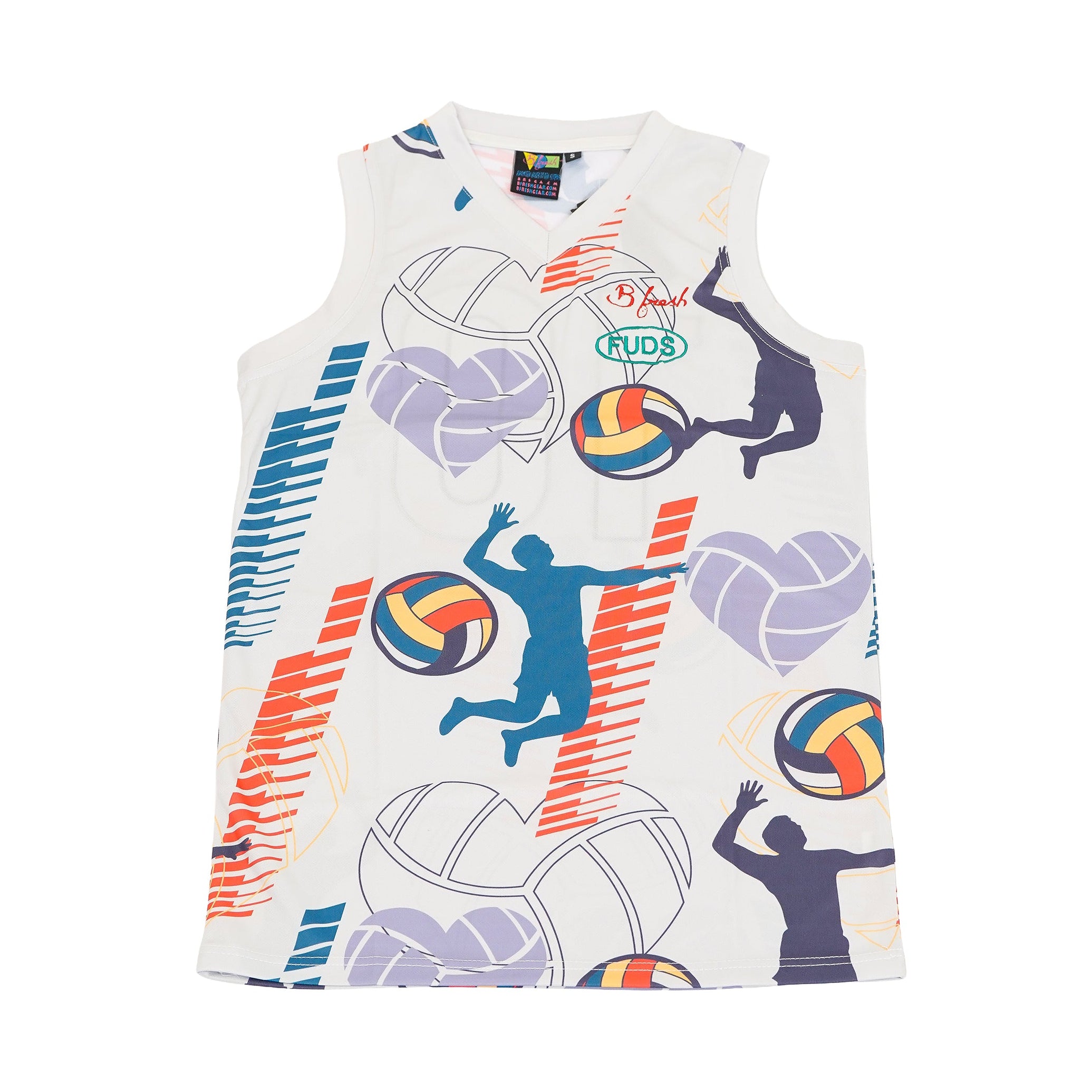 Sleeveless sports jersey with volleyball-themed design 