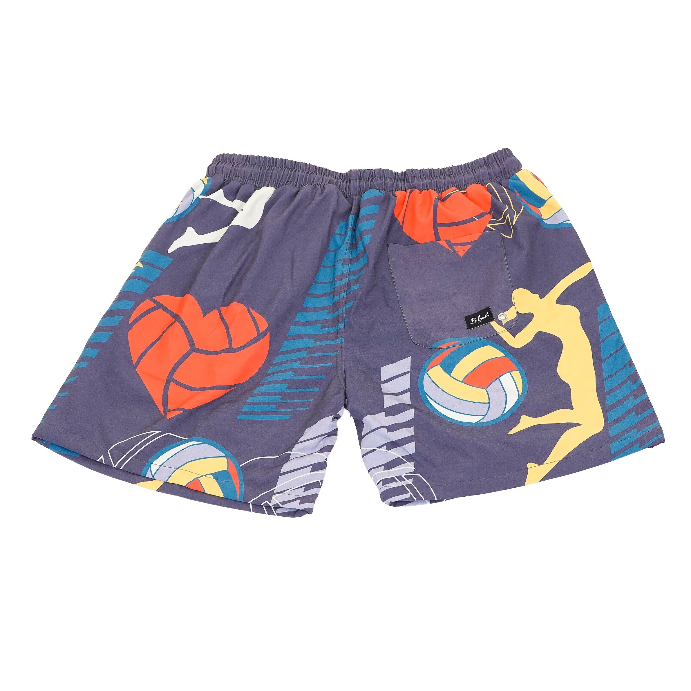 Colorful athletic shorts with sports-themed graphics 