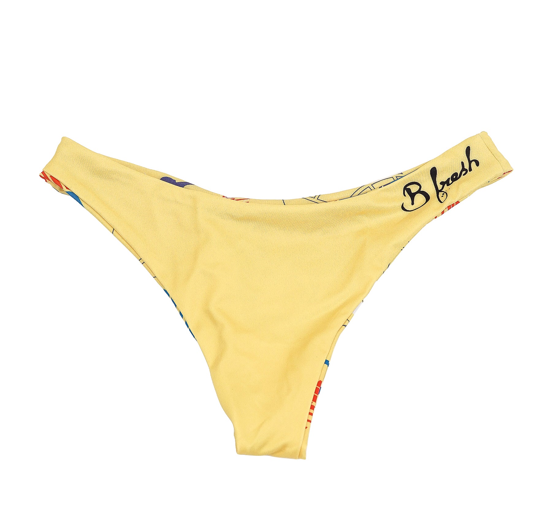 Yellow bikini bottom with colorful side panels and 'B fresh' branding on a white 
