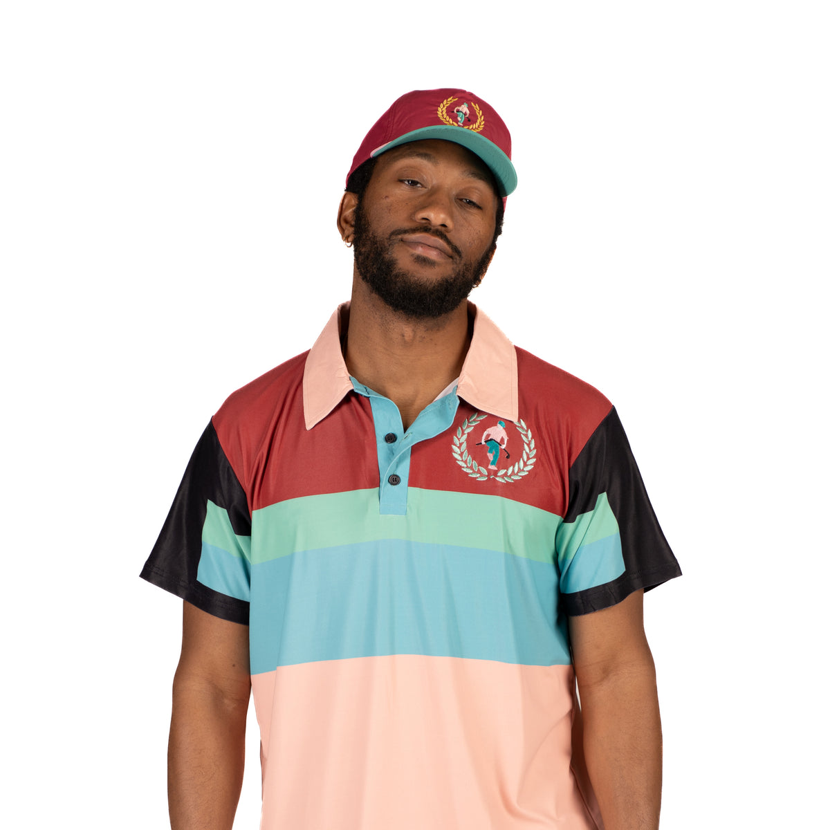 F golf burgundy polo with matching F golf burgundy golf hat