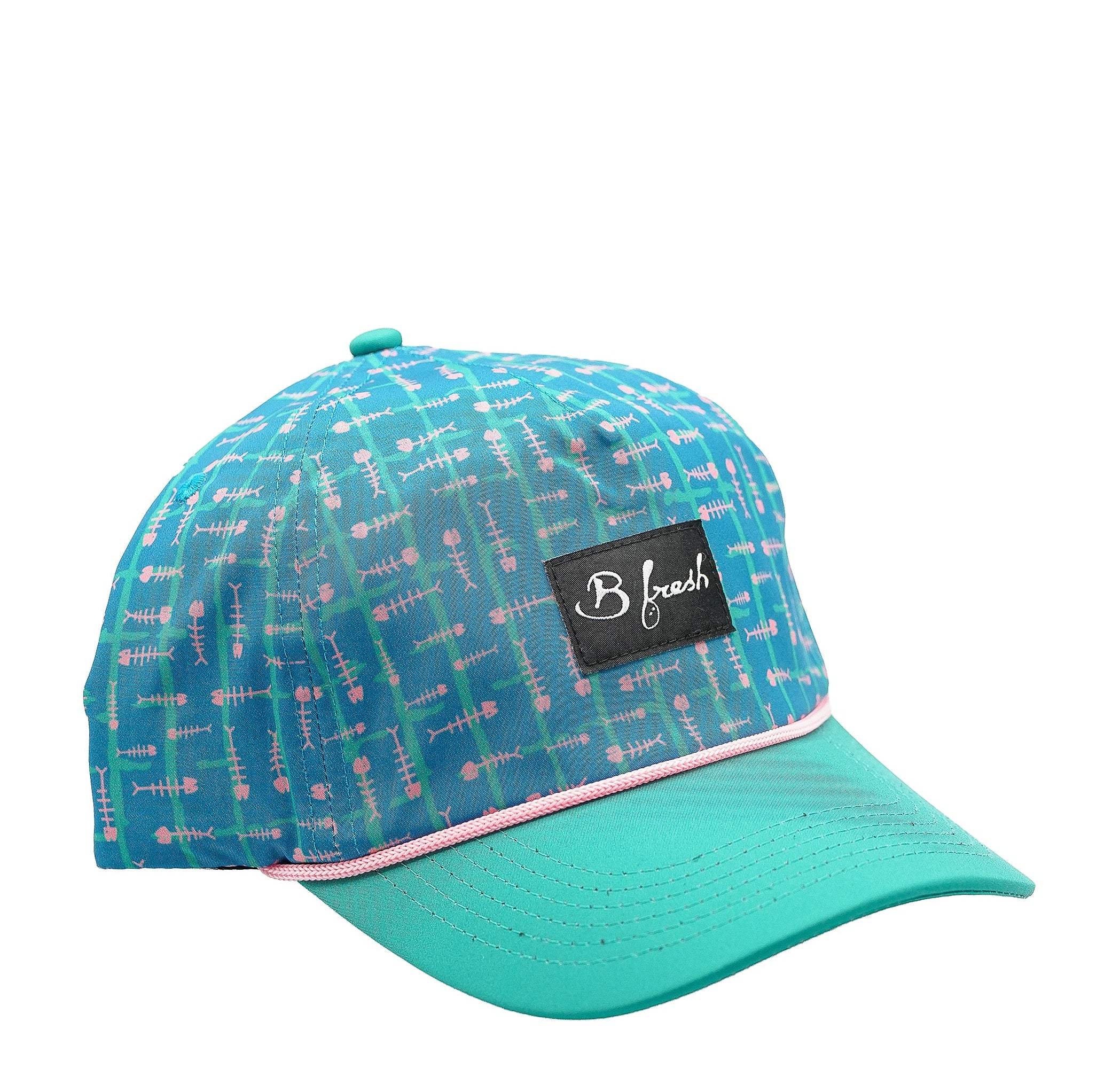 Teal cap with a pattern and 'B fresh' logo 