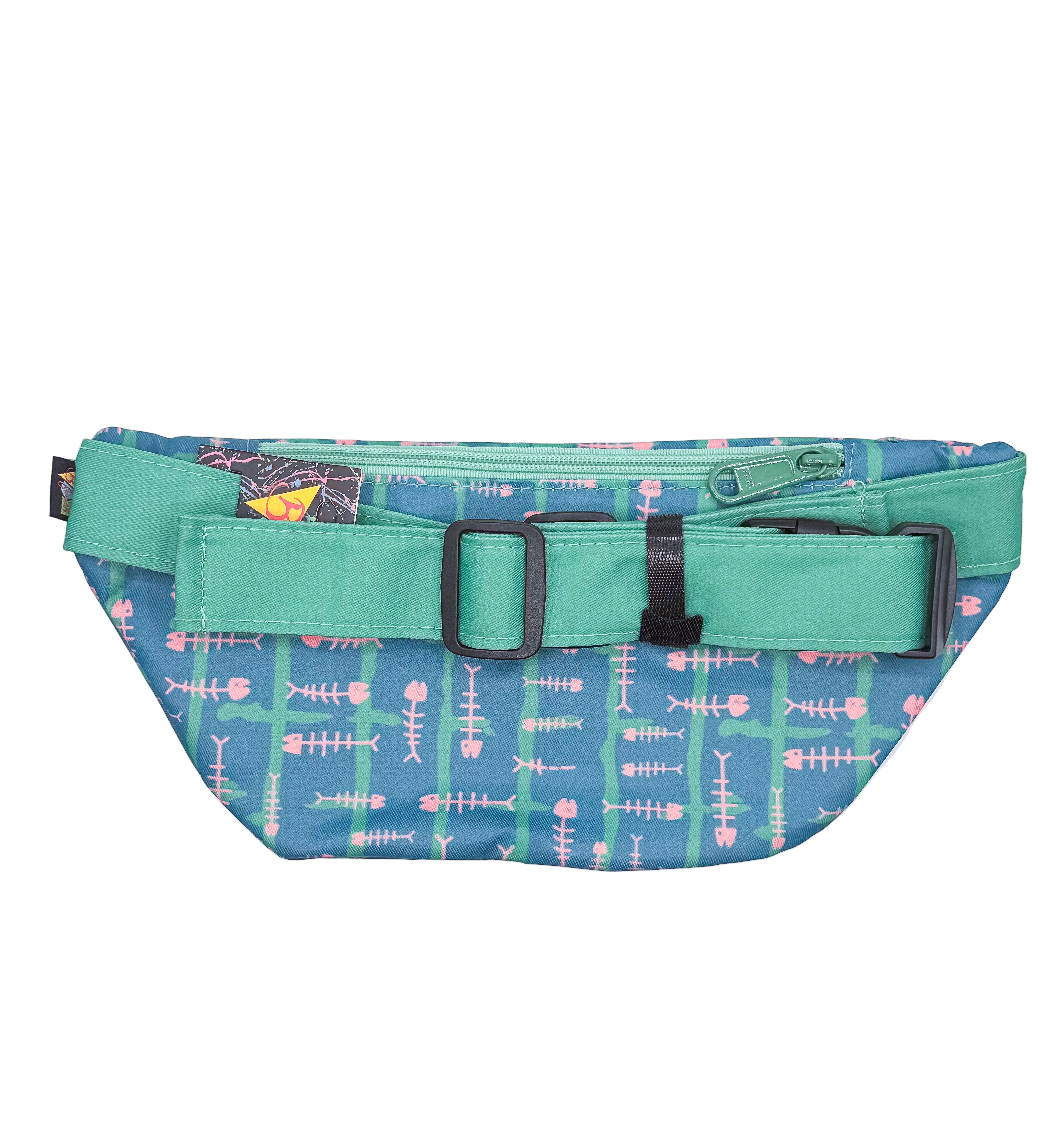 Fanny pack with fish skeleton pattern on a white background