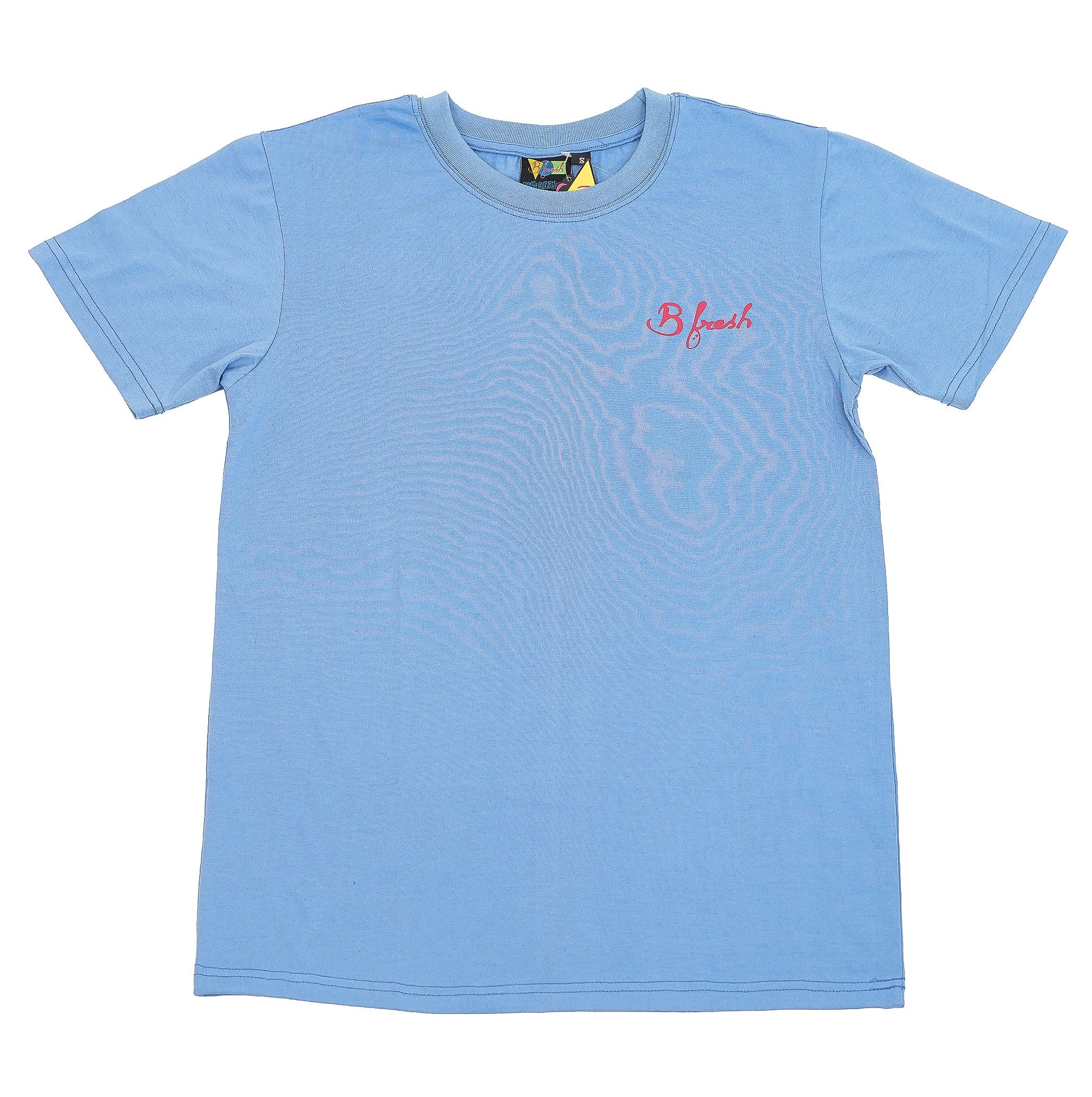 Light blue t-shirt with a pink logo 