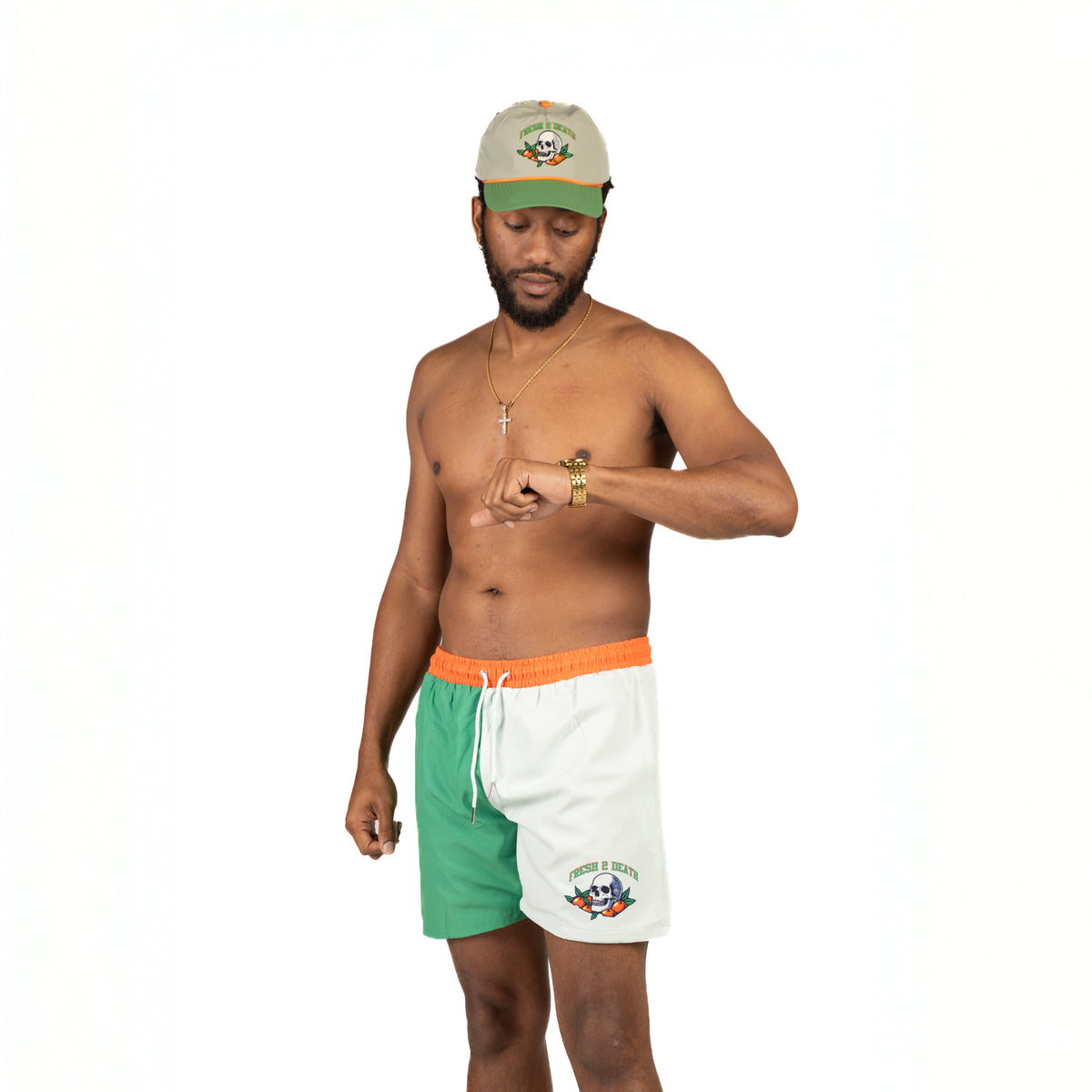 Swim trunks with iconic Fresh 2 Death pattern