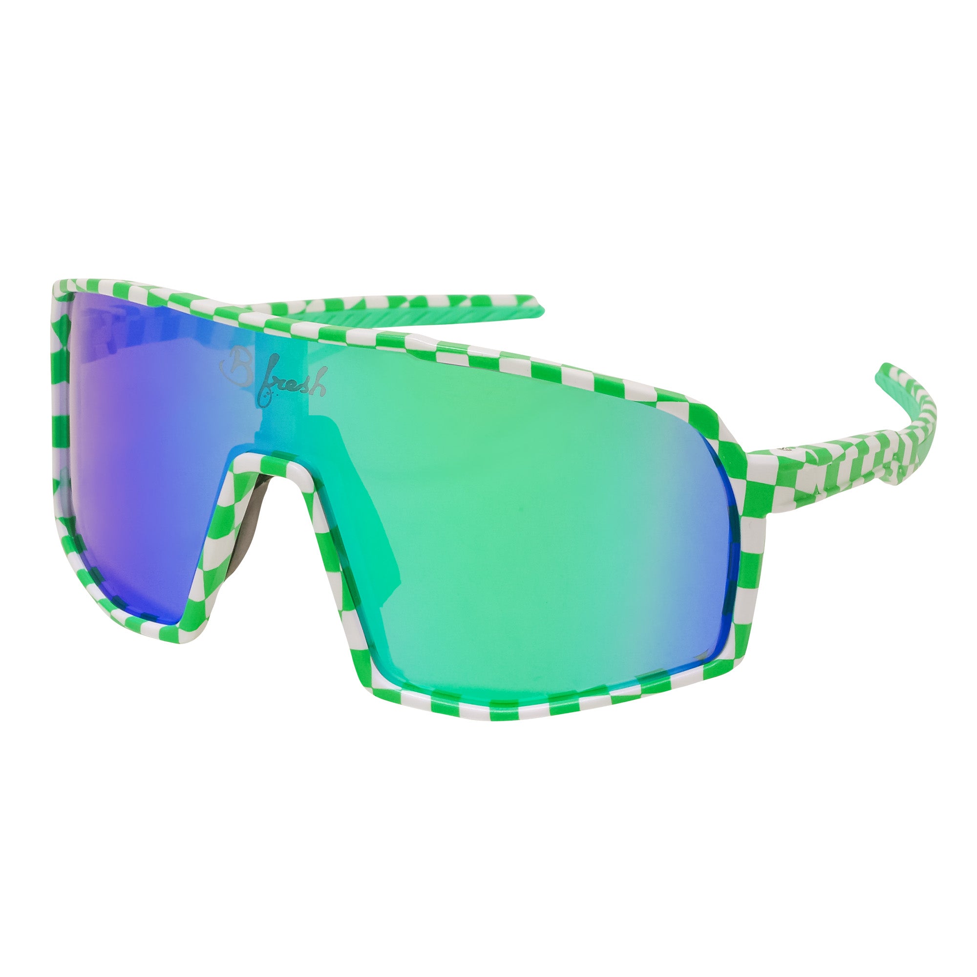 Green and white checkered sports sunglasses wrap around with interchangeable lenses. Polarized and V400