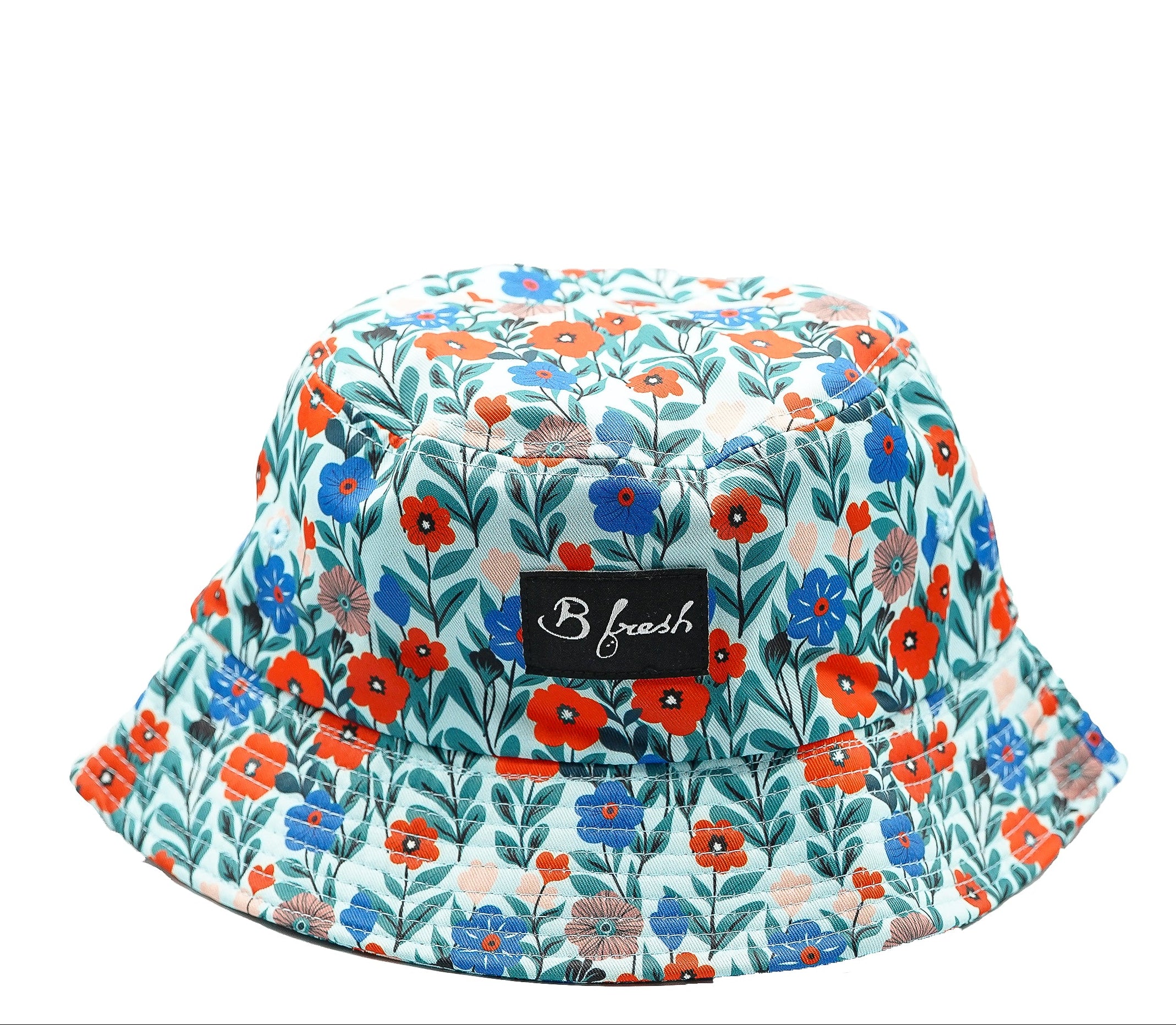 Floral patterned bucket hat with a visible B Fresh label on a white background