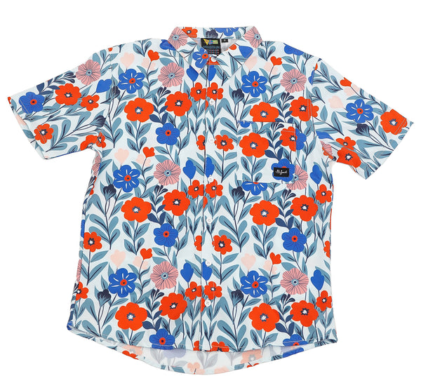Floral patterned shirt with red, blue, and orange flowers 