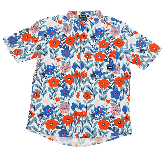 Floral patterned shirt with red, blue, and orange flowers 