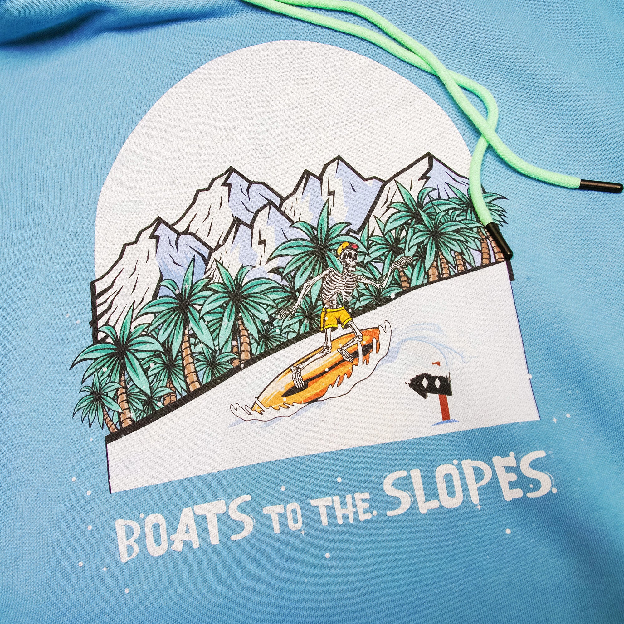 Boats to the slopes skeleton snowboarding hoodie black blue design.
