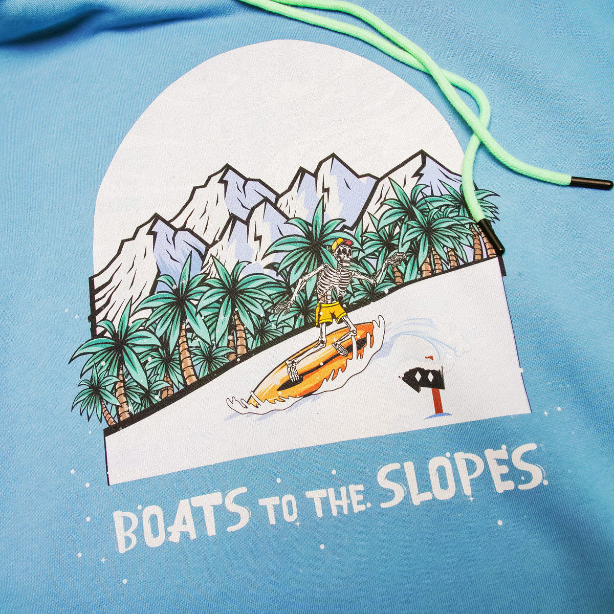 Boats to the slopes skeleton snowboarding hoodie black blue design.
