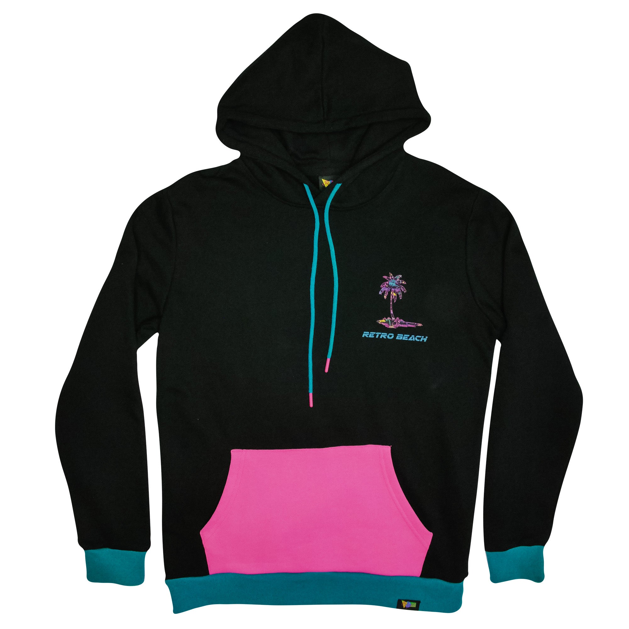 Black pink teal retro hoodie with palm tree toucan design. B Fresh Gear