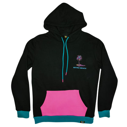 Black pink teal retro hoodie with palm tree toucan design. B Fresh Gear