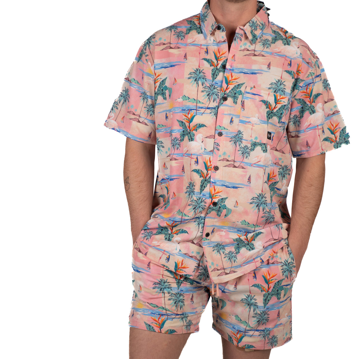 Pink Flamingo swim trunks 