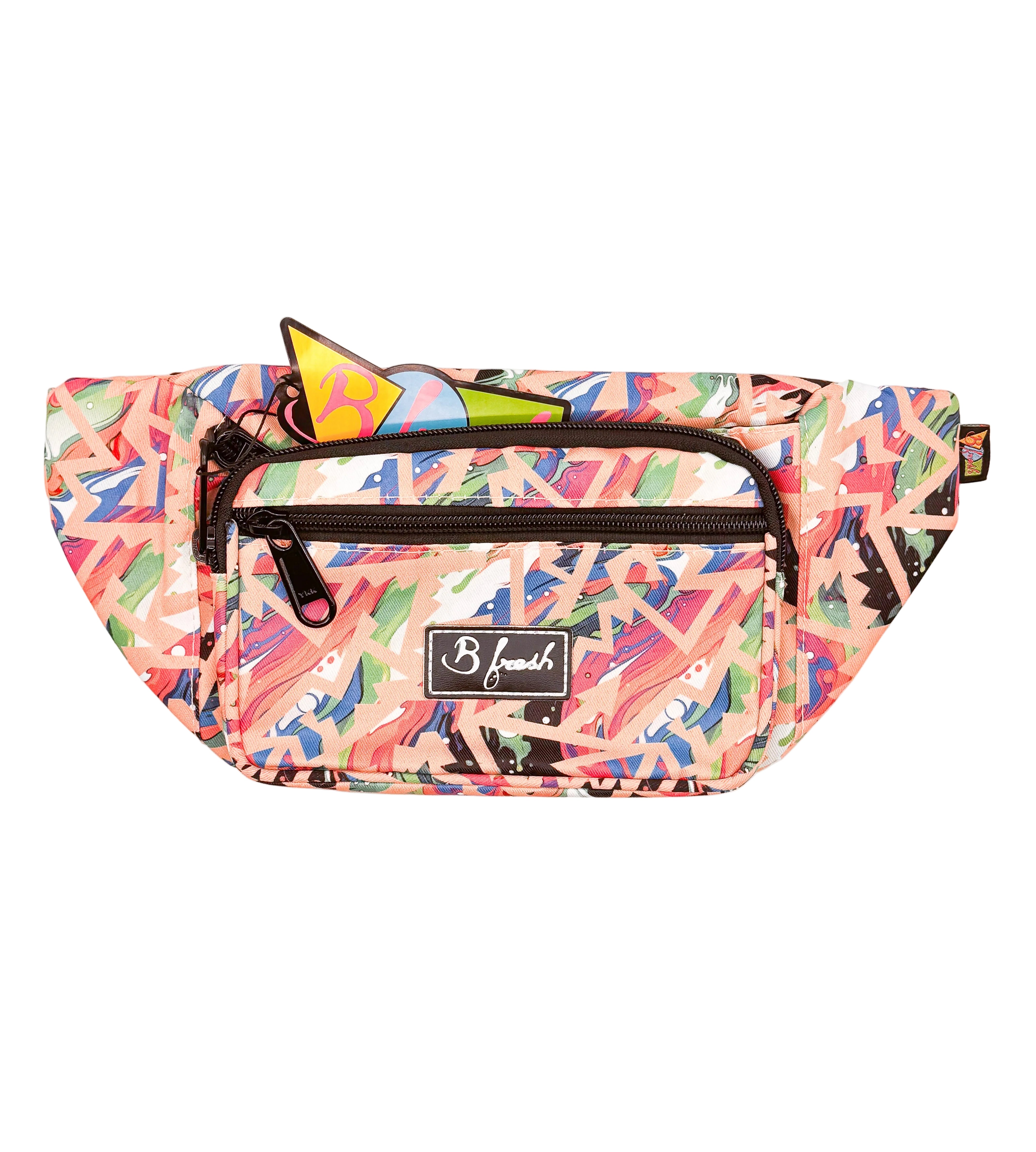 Colorful patterned waist bag with a B Fresh patch 