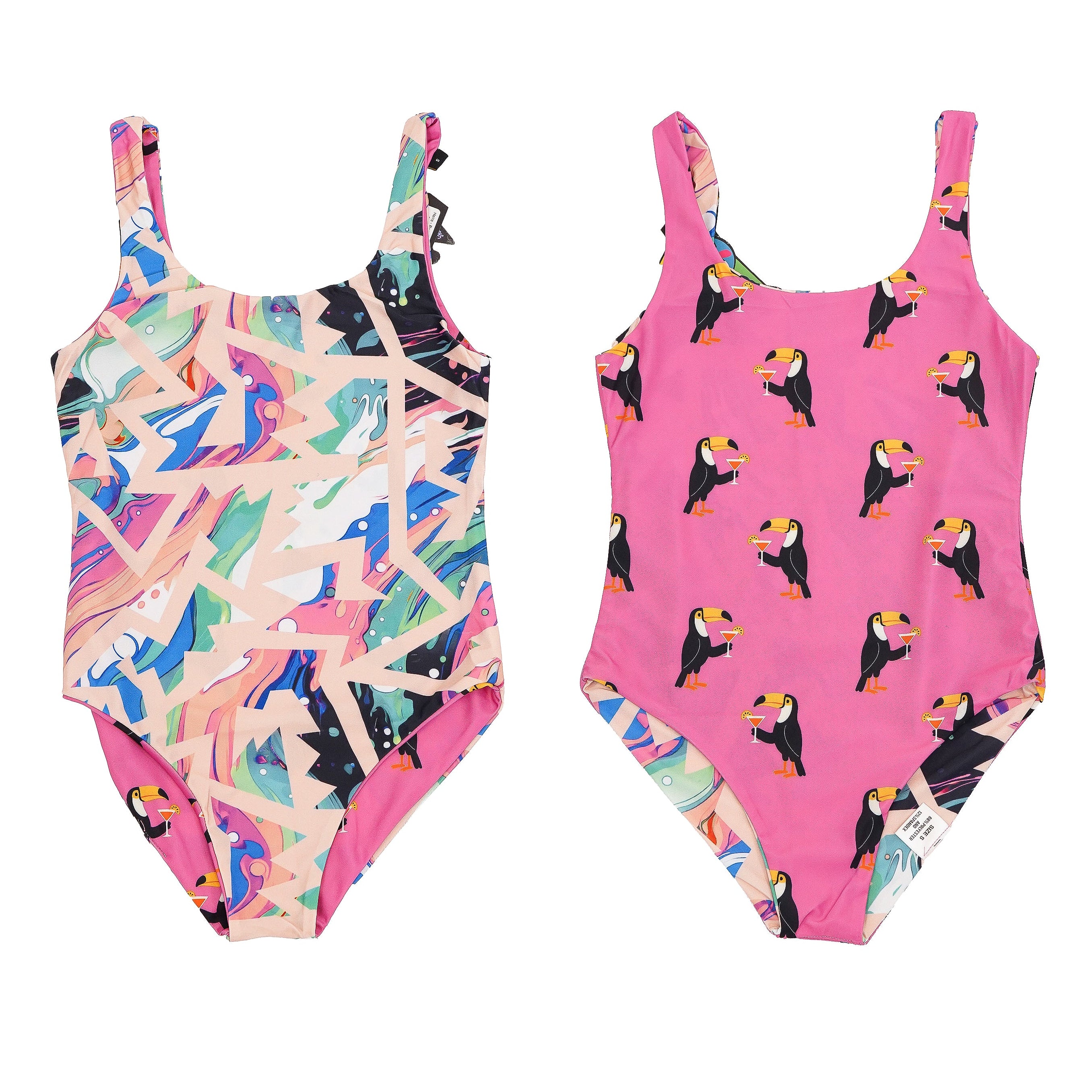 Colorful swimsuits with abstract and toucan patterns