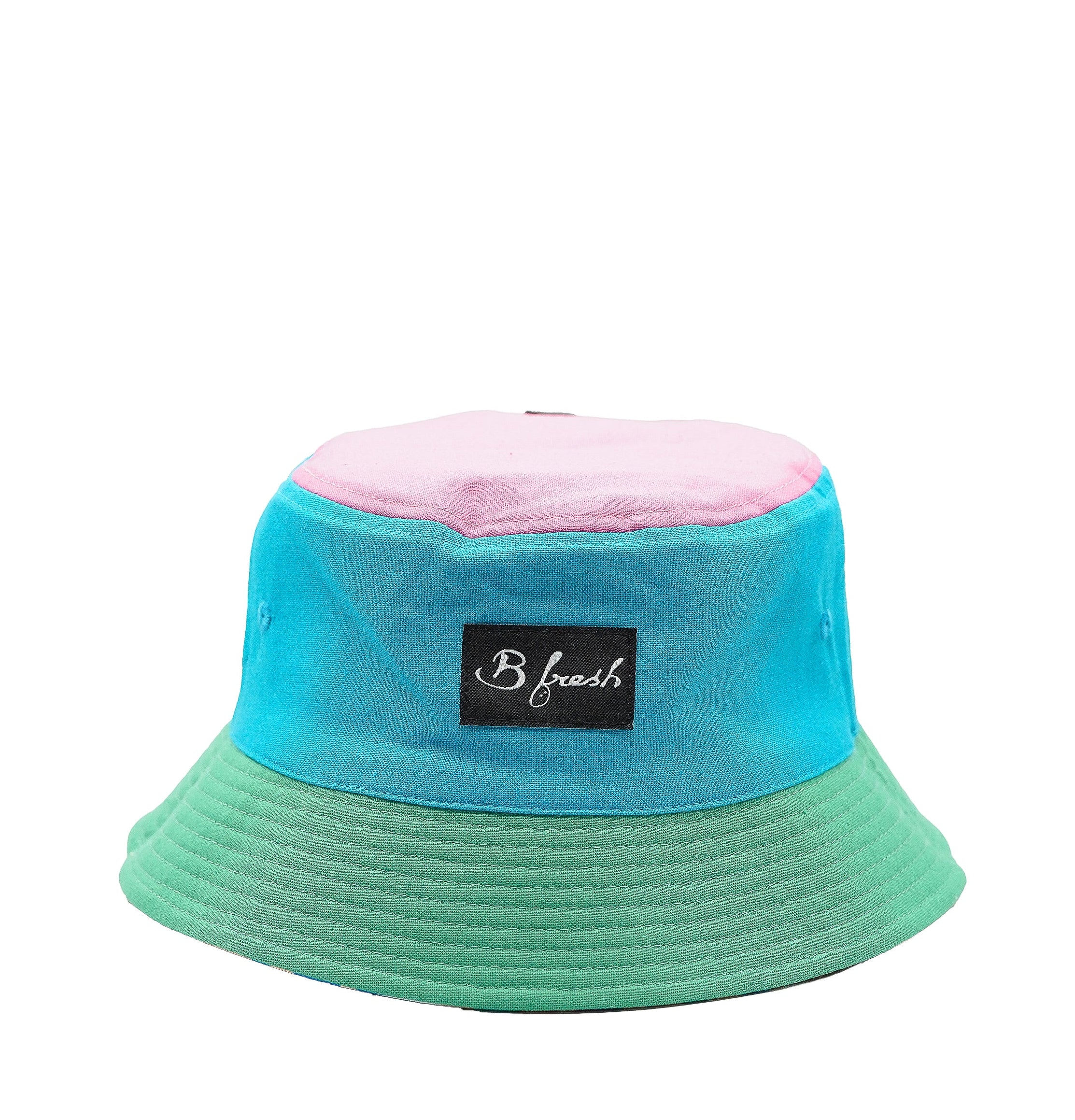 Color-blocked bucket hat with pink top and green bottom 