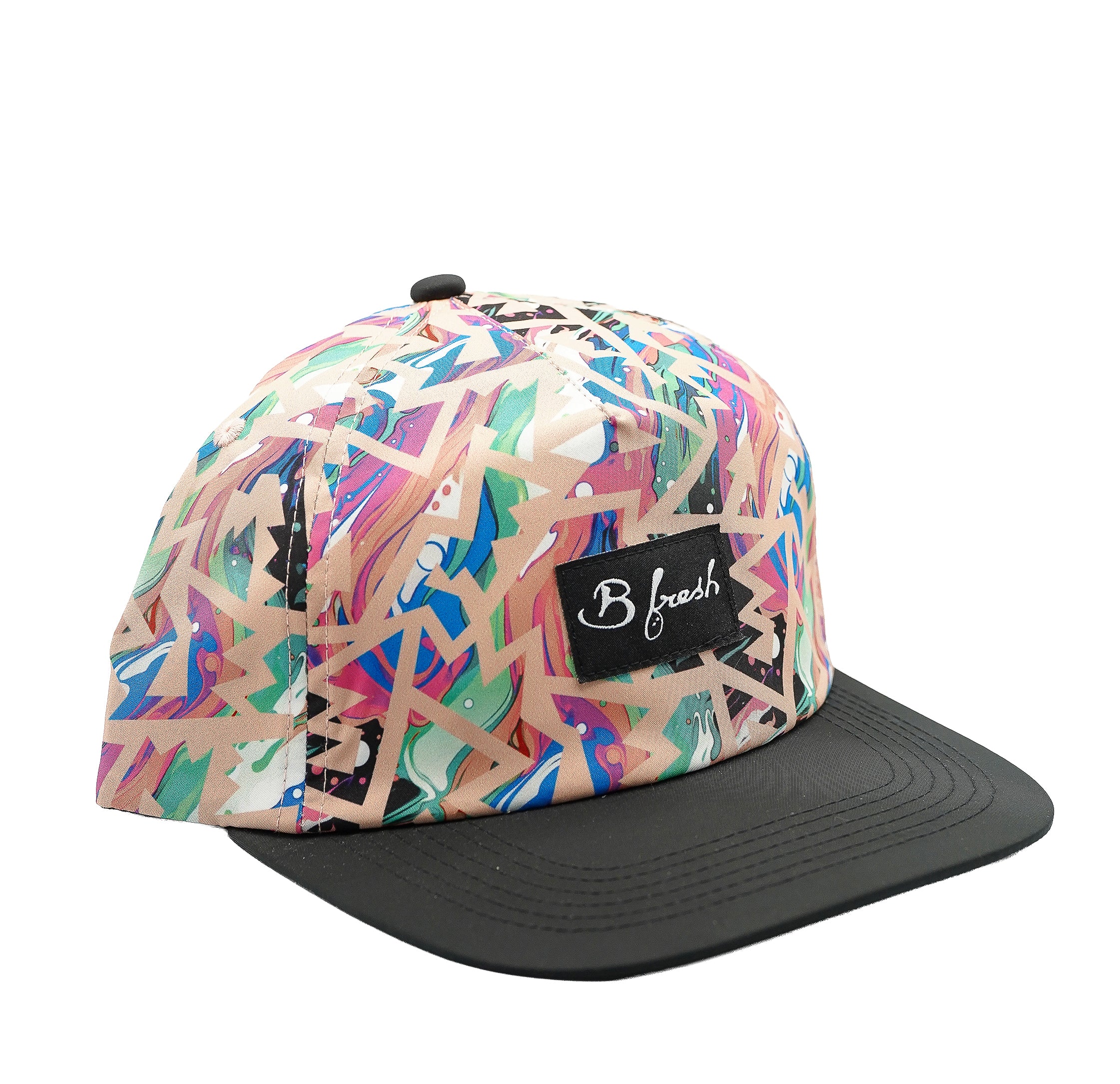 Colorful light pink patterned cap with black brim and 'B fresh' logo 