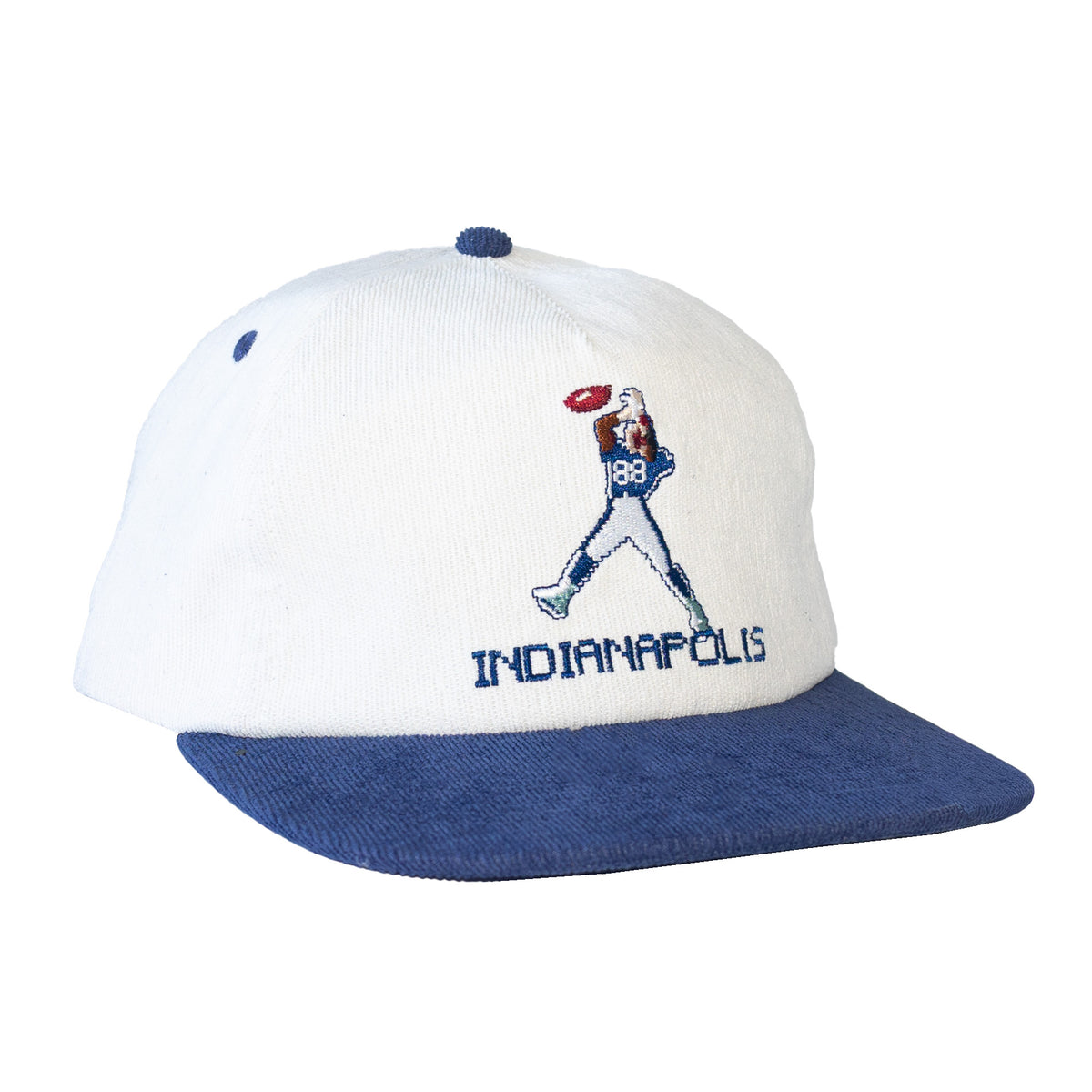 White and blue cap with embroidered design and indy text on a white background 