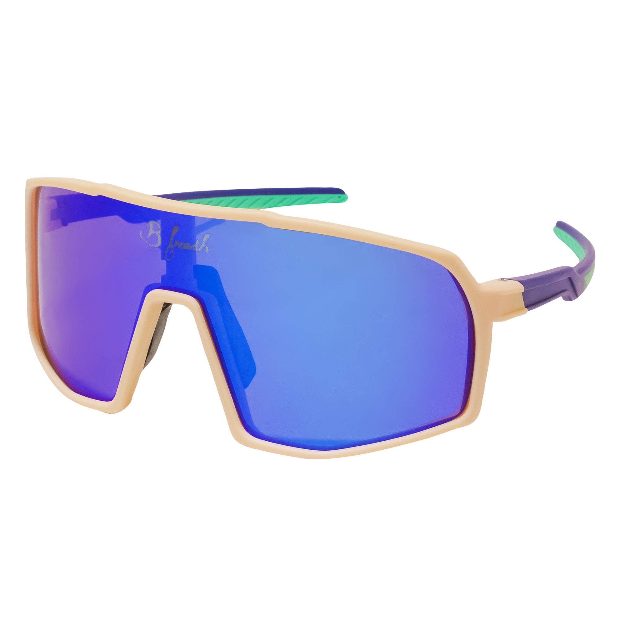 Tan, Peach, Blue, Green wrap around mountain biking, skiing, volleyball sunglasses with interchangaeble lenses. Polarized and UV400 