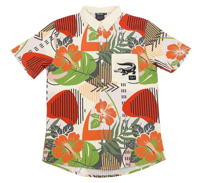 Colorful tropical patterned shirt with floral and geometric design with Alligator on pocket