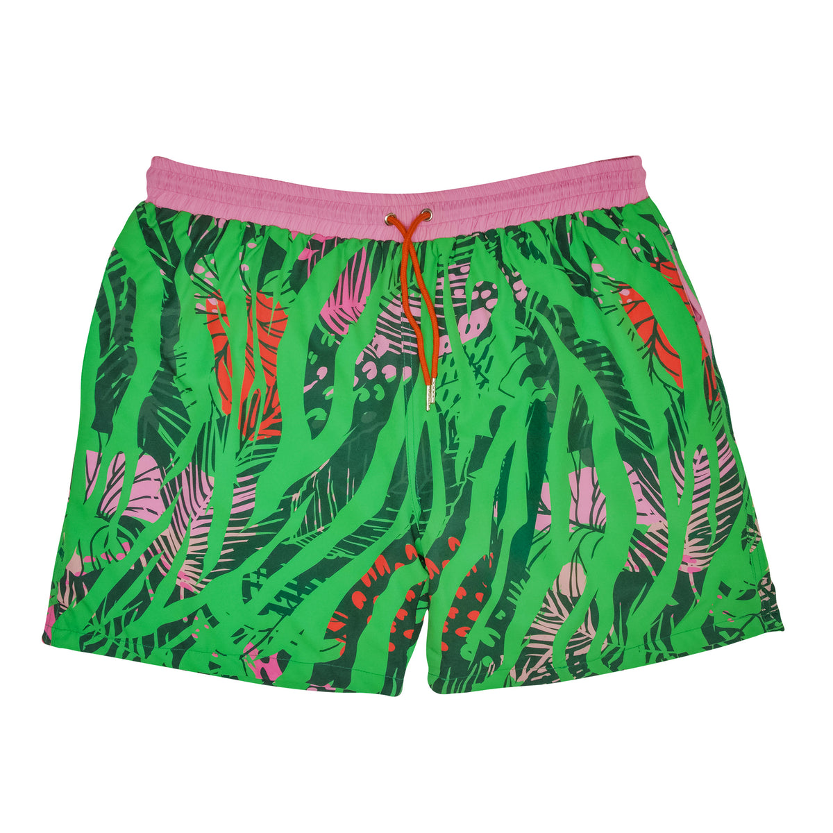 swim trunks with retro jungle print