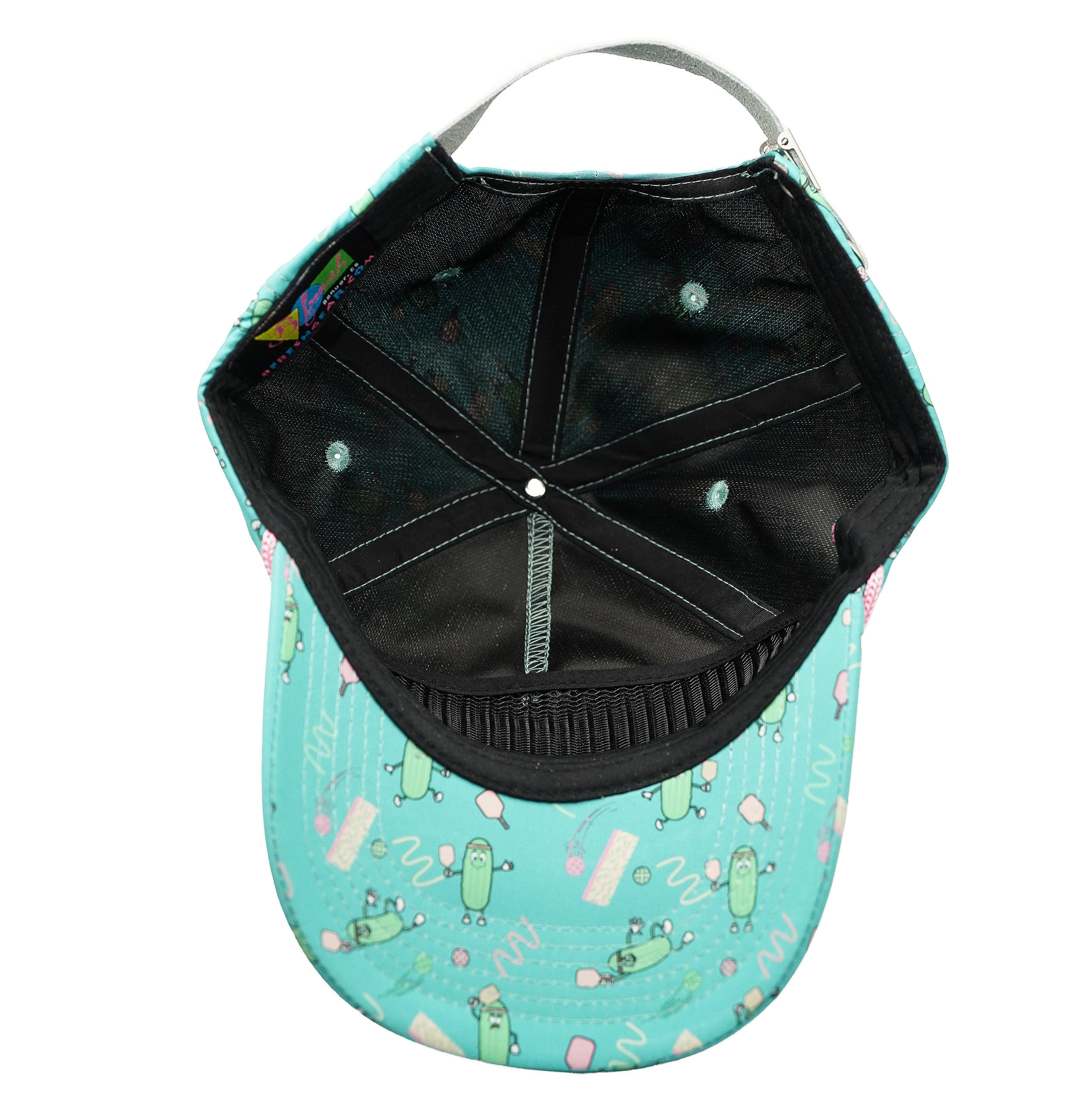 Teal cap with cartoon pickle pattern 
