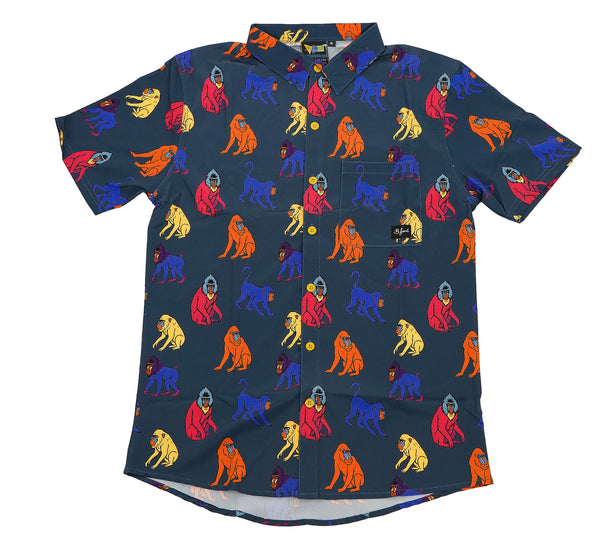 Multi colored monkeys on collared clothing 