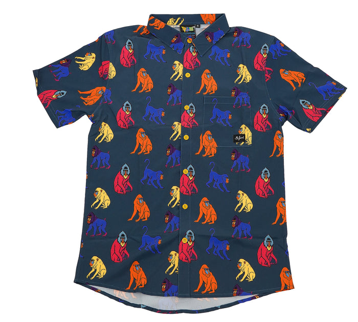 Multi colored monkeys on collared clothing 