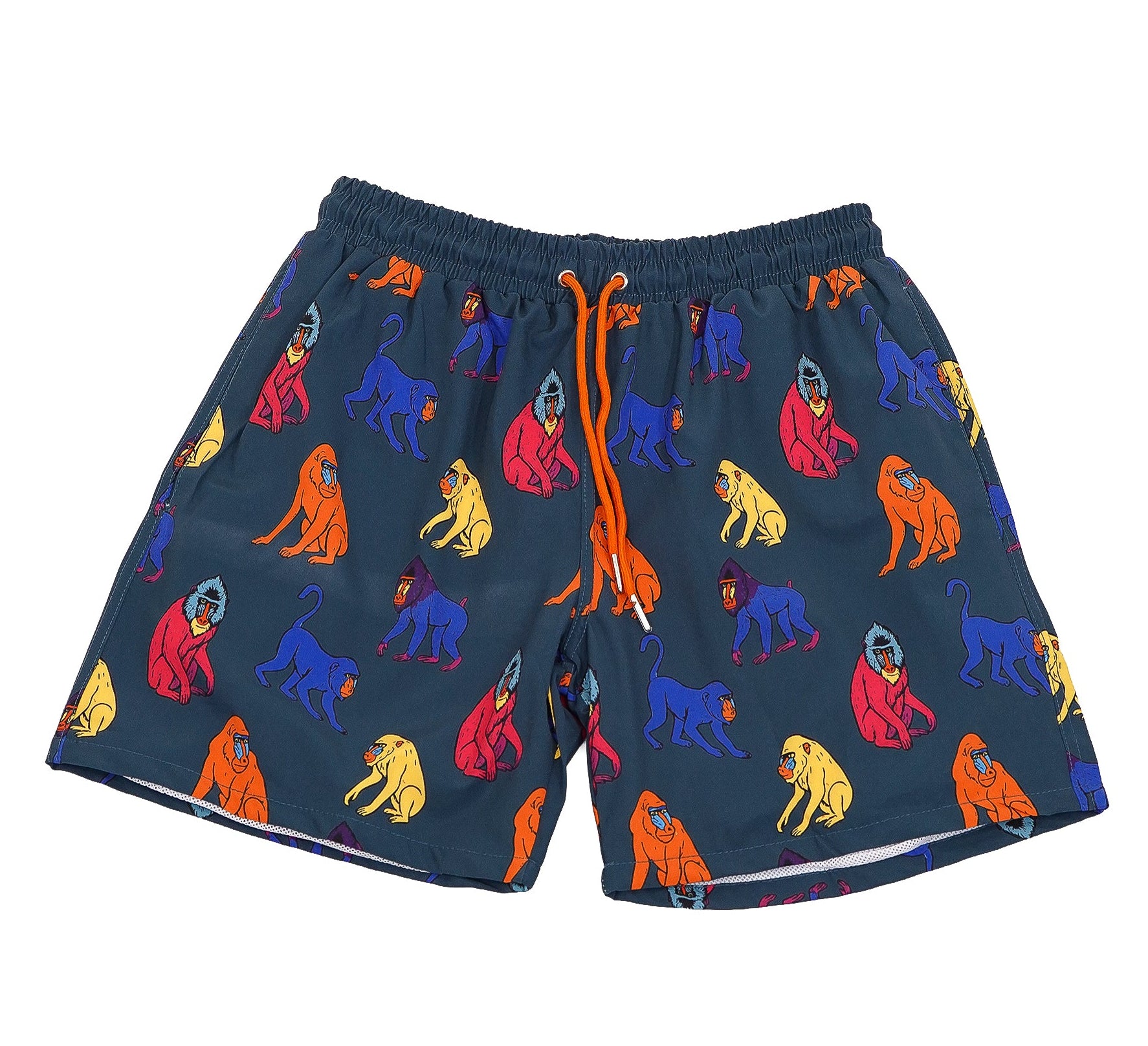 Navy swim shorts with colorful monkey pattern 