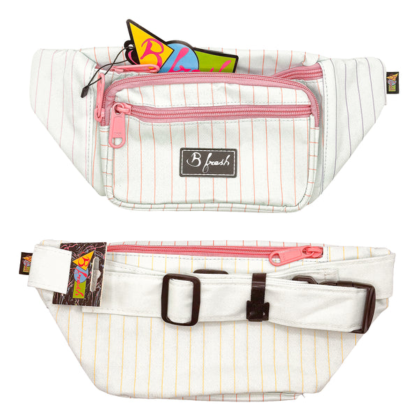 White waist bag with pink zipper and striped pattern, featuring 'B fresh' brand logo.