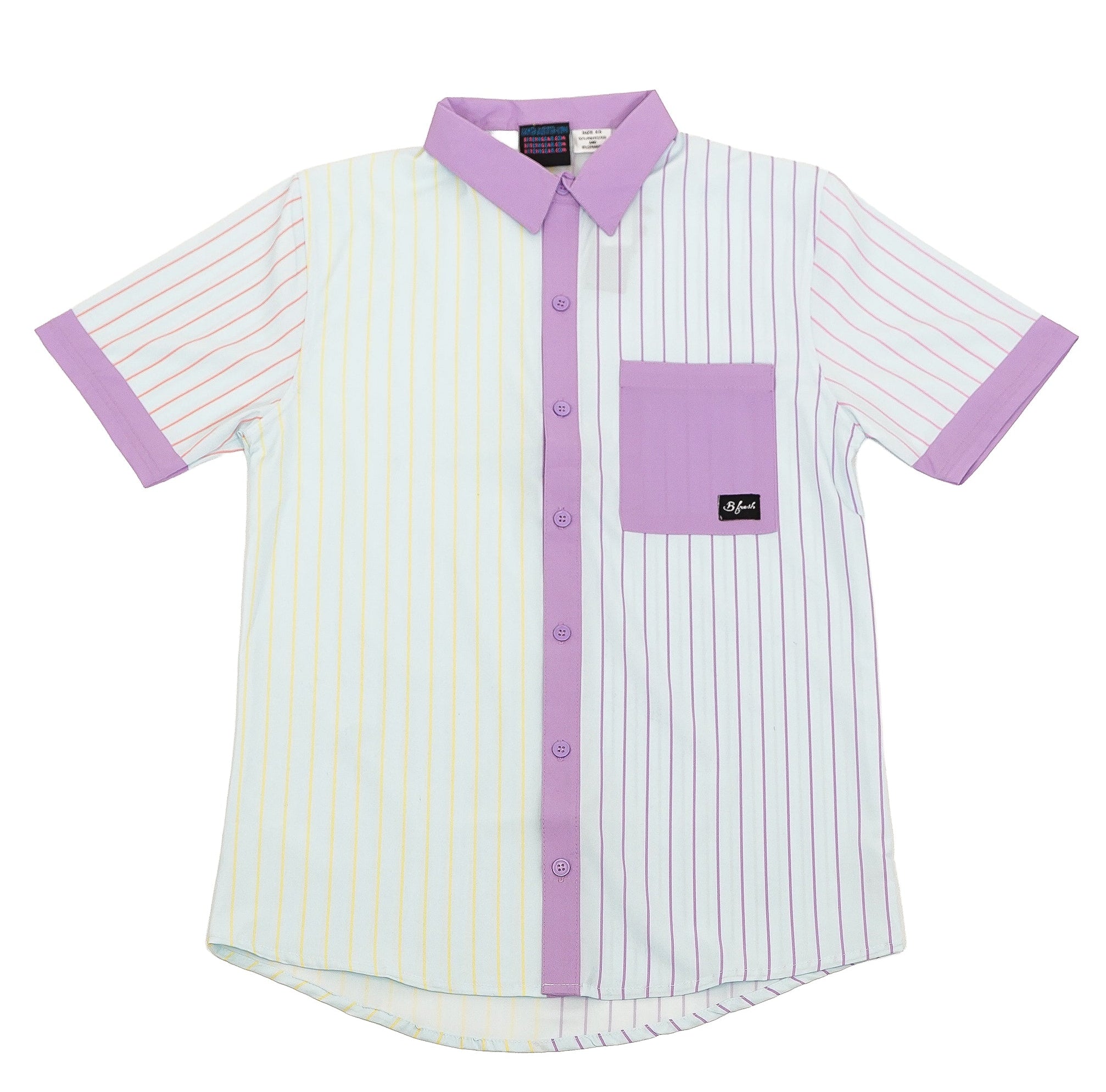 Striped, multi colored shirt with purple accents