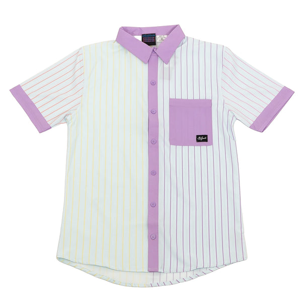 Striped, multi colored shirt with purple accents