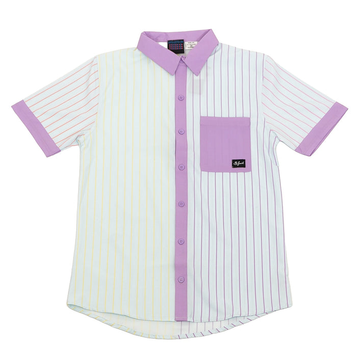 Striped, multi colored shirt with purple accents