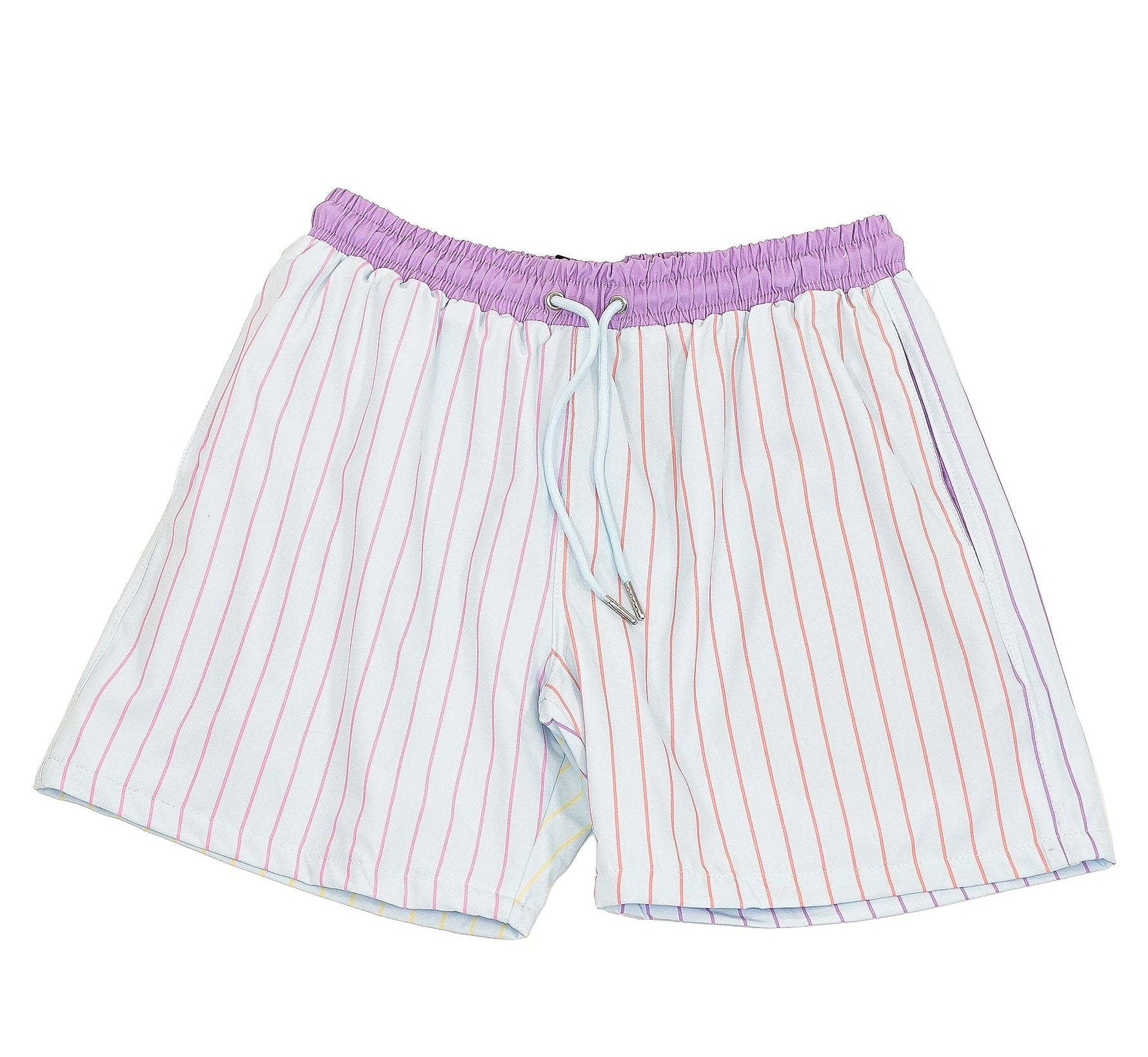 Striped shorts with a purple waistband 